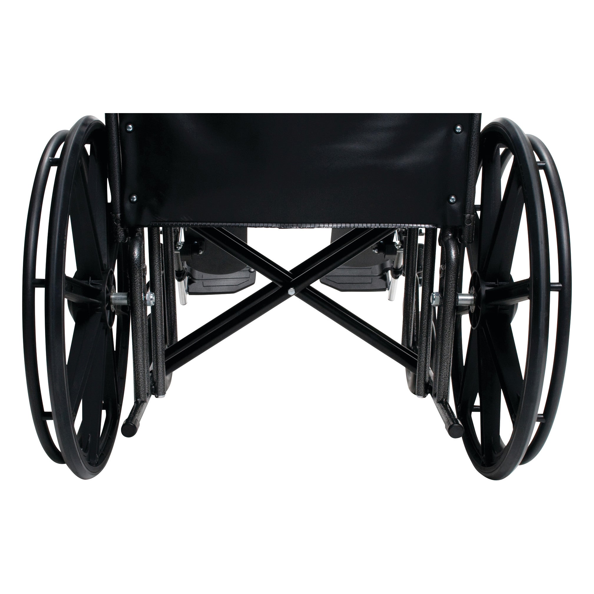 Everest & Jennings Traveler HD Wheelchair with Removable Desk Arms and Elevating Leg Rests, viewed from the back, showing wheels.