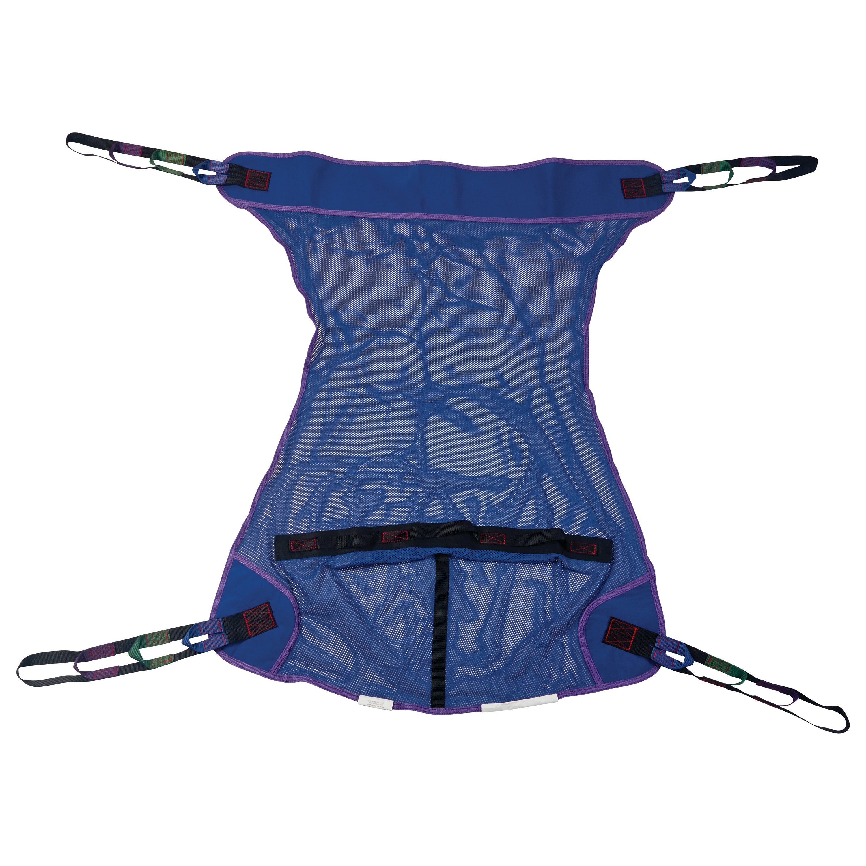 Patient Sling made of blue mesh fabric with multiple colored loops and reinforced edges, designed for patient lifting.