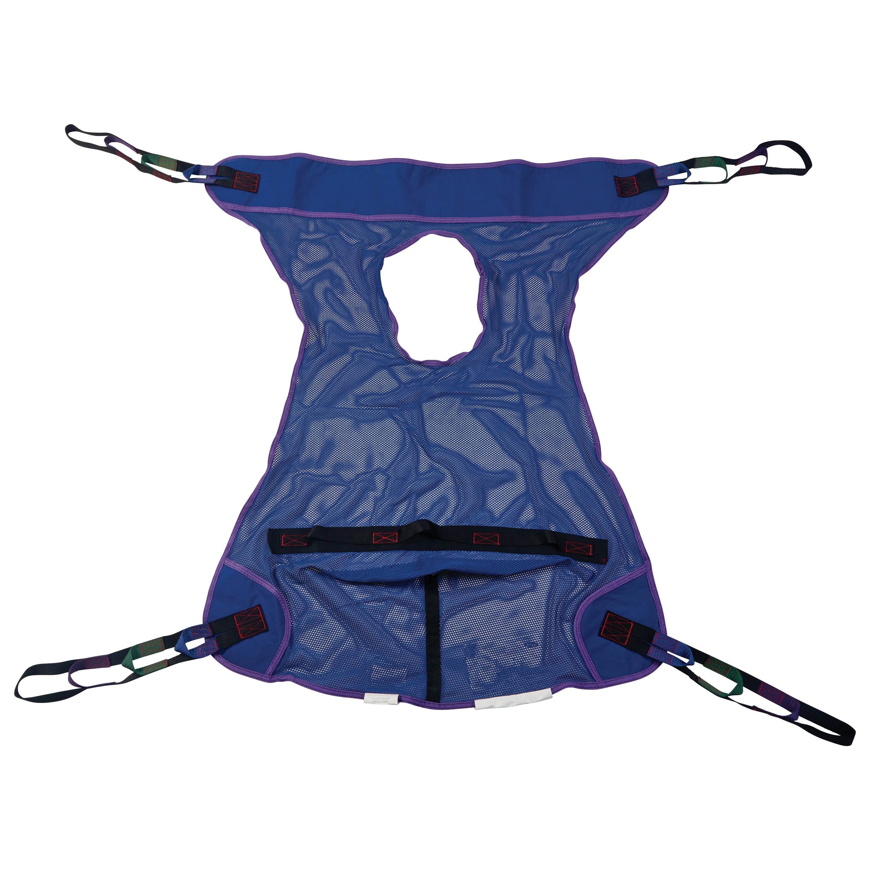 Invacare Full Body Patient Sling with Commode Opening, featuring a blue mesh fabric and adjustable straps for secure lifting.