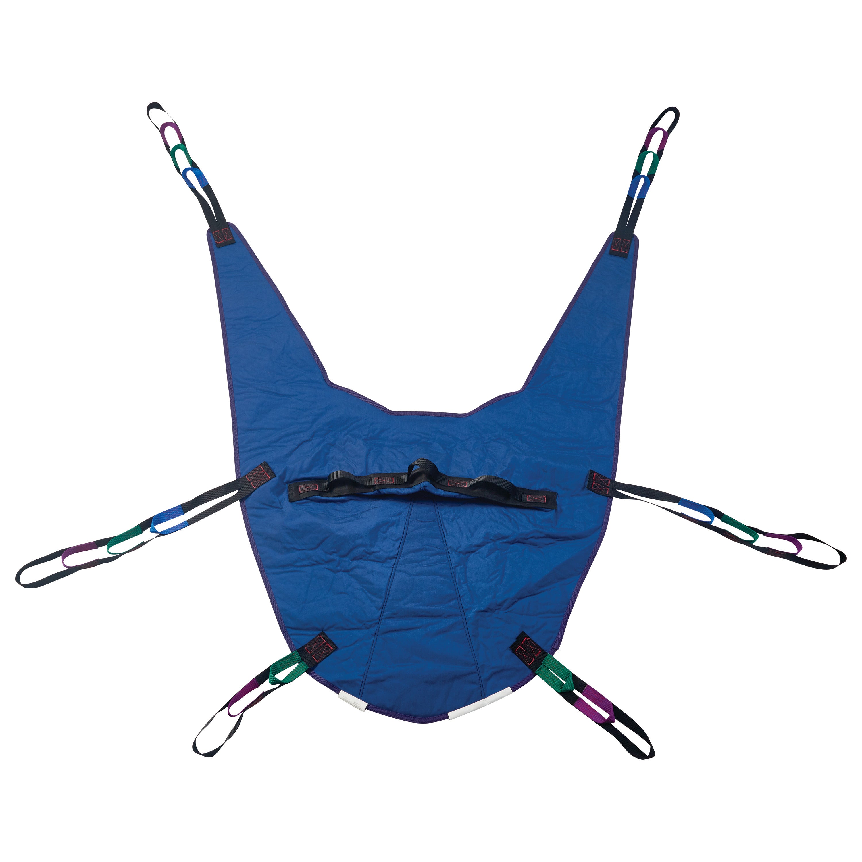 The Invacare Divided Leg Patient Sling is a blue fabric sling with multiple colored lifting straps for patient transfer assistance.