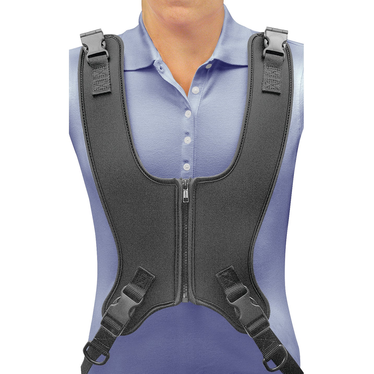A person wearing a Therafin Zip-up Butterfly Vest, a black vest with a front zipper and straps, over a light blue polo shirt.