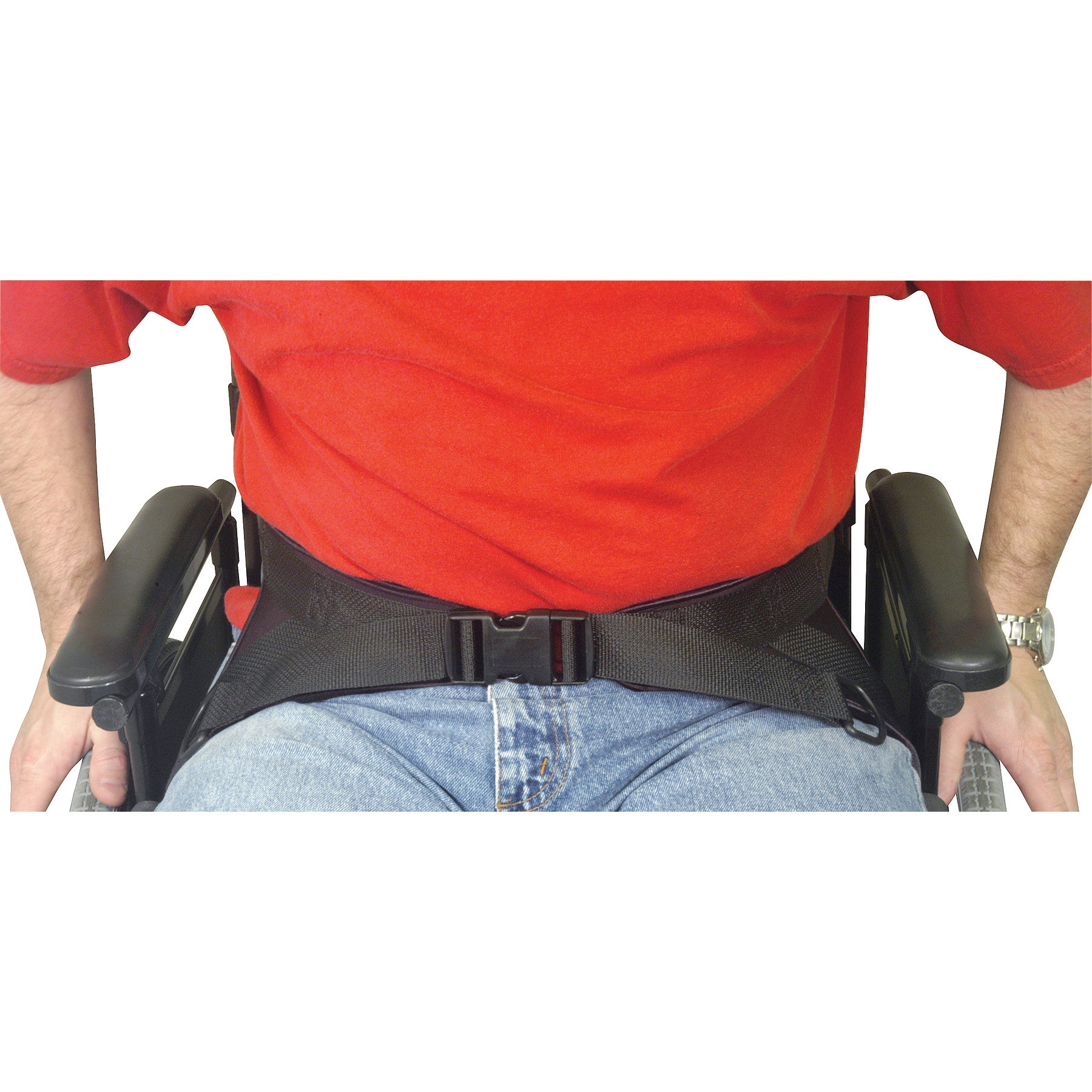 A person wearing a Therafin Hip Stabilizing Belt on a wheelchair. The belt is black with a plastic buckle for secure fastening.