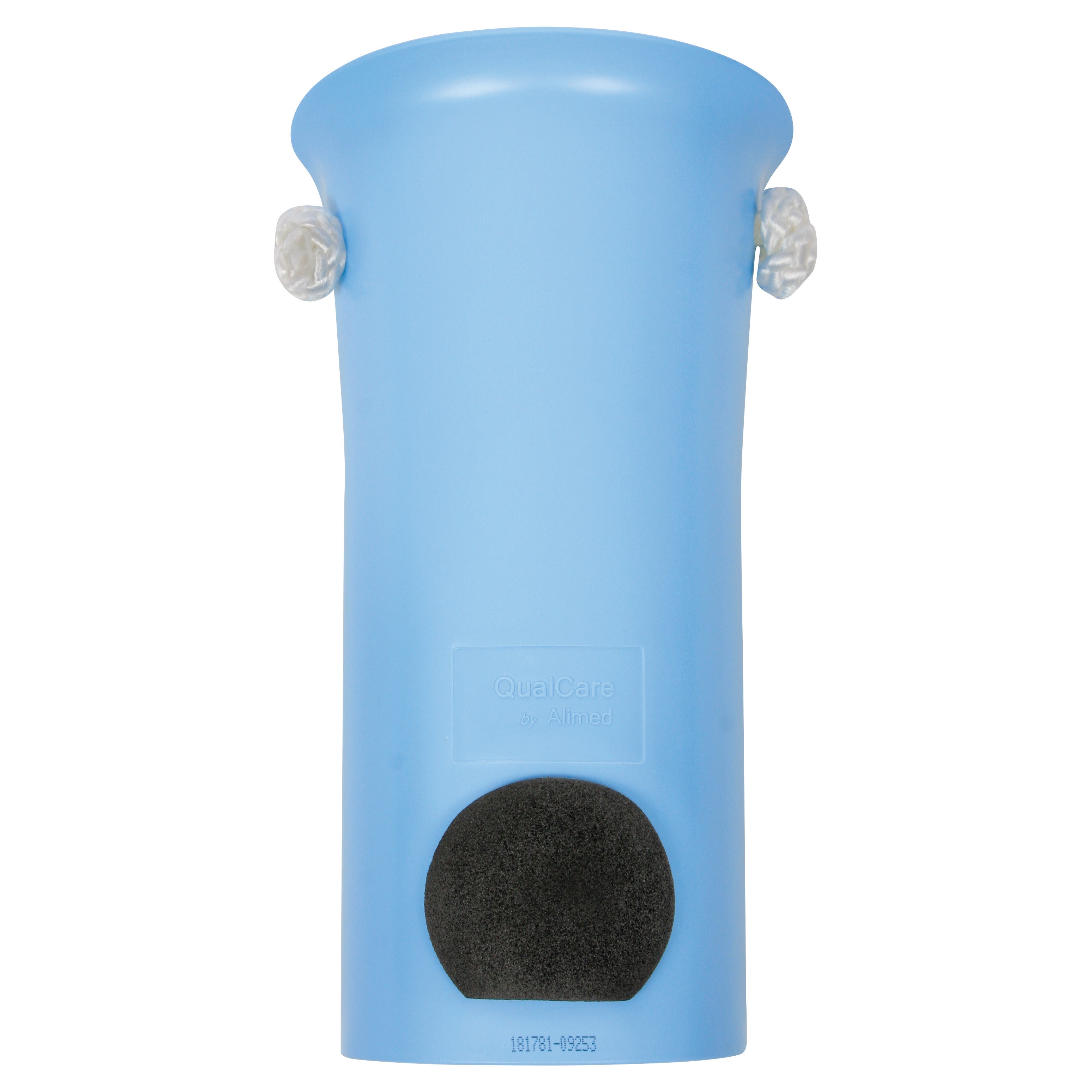 The AliMed Single-Cord Sock Aid is a blue device with a black pad, designed to help individuals pull on socks easily.