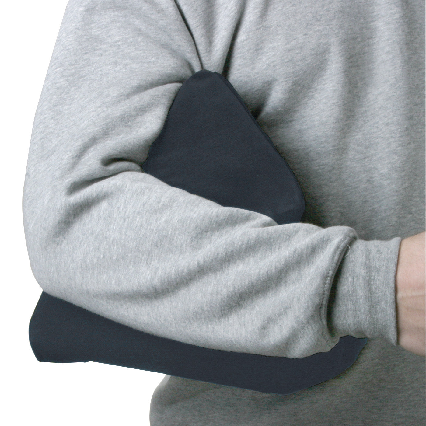 A person holds the AliMed 90-Degree Elbow Positioning Wedge against their gray sweater-covered arm.