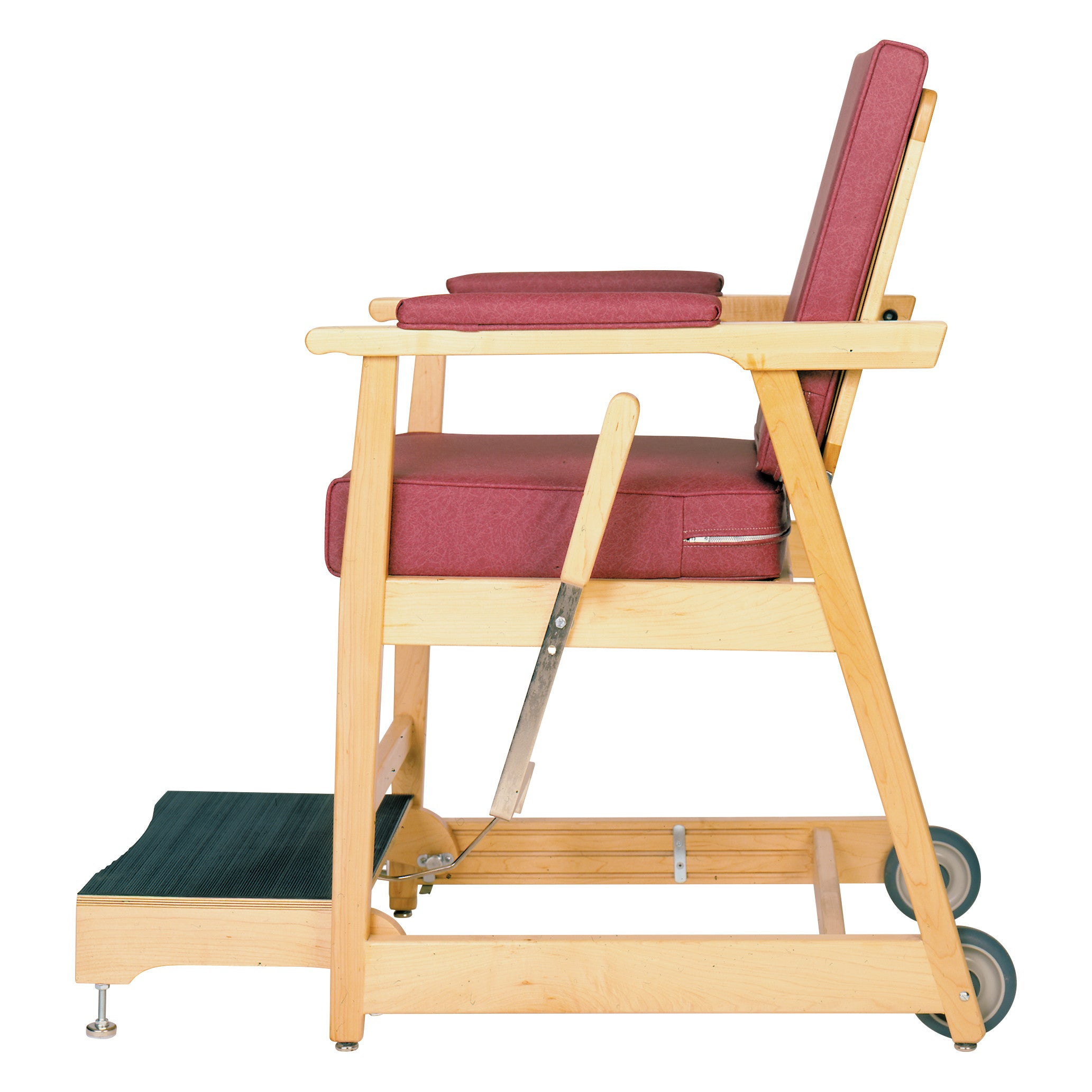 Side view of the EZ-UP Hip Chair, featuring a wooden frame, maroon cushions, a footrest, and small wheels.