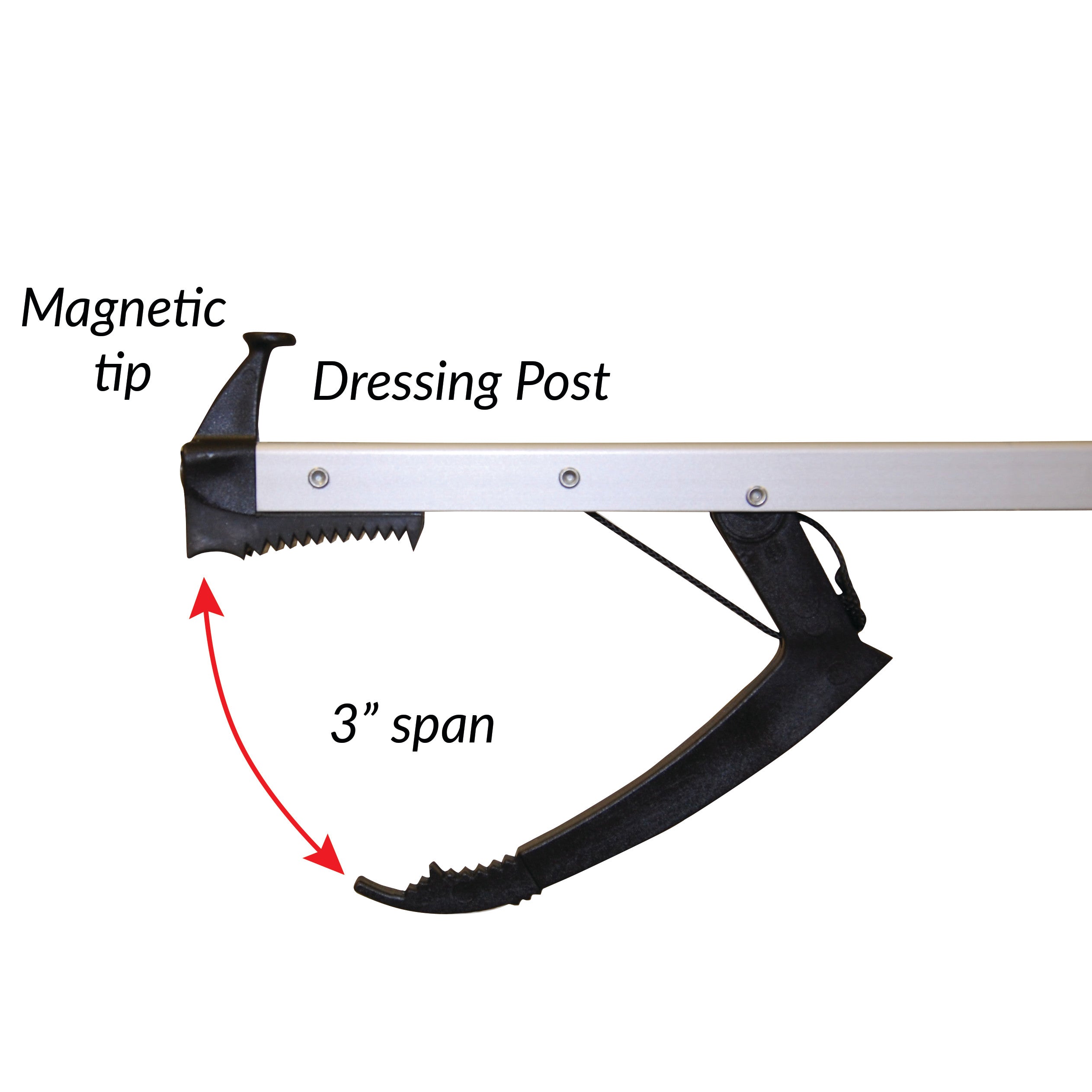 AliMed AliReach Standard Reacher with a magnetic tip and dressing post. It has a 3-inch span and a black ergonomic handle.