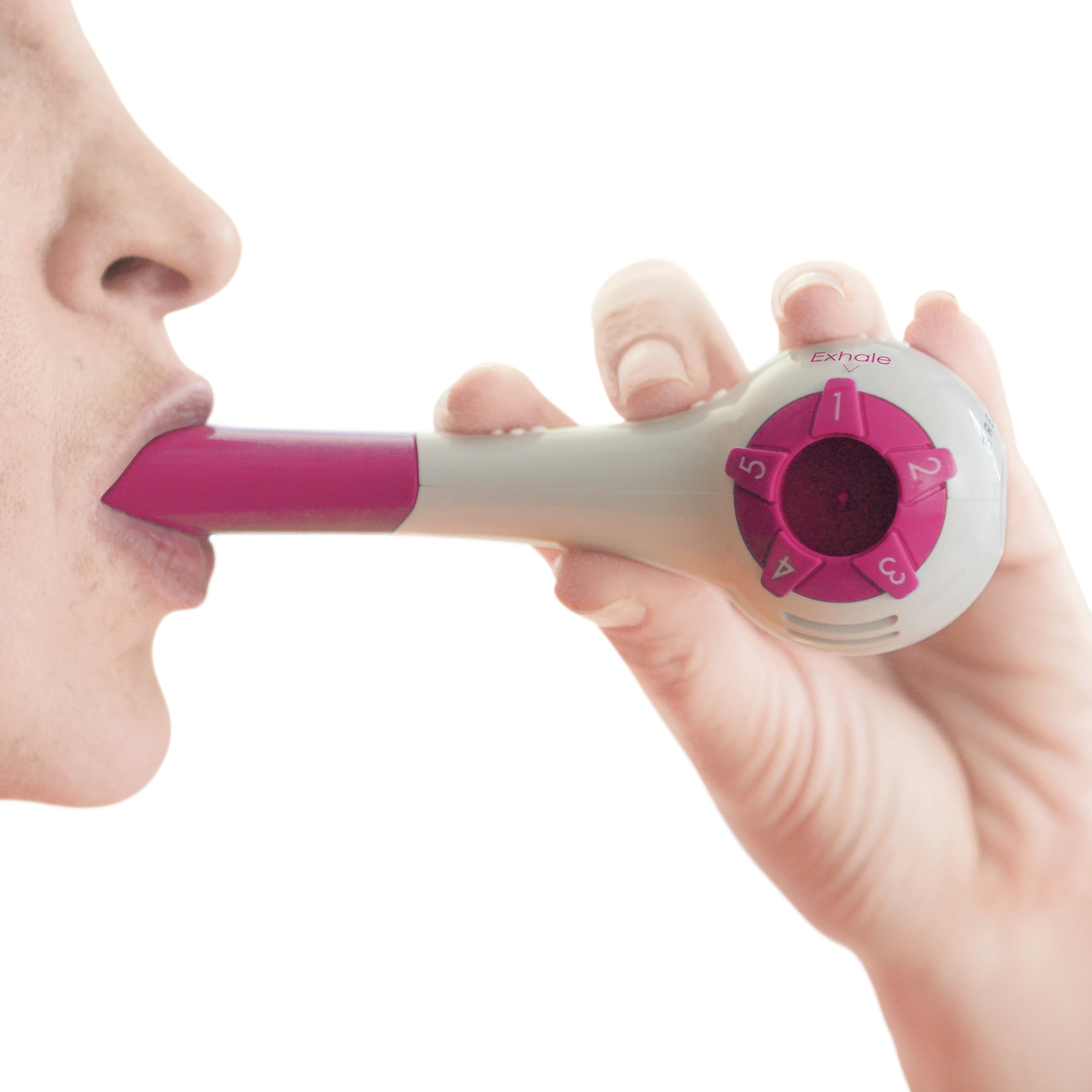 A person holds and uses THE BREATHER Respiratory Muscle Trainer, with a pink mouthpiece and a numbered dial on the end.