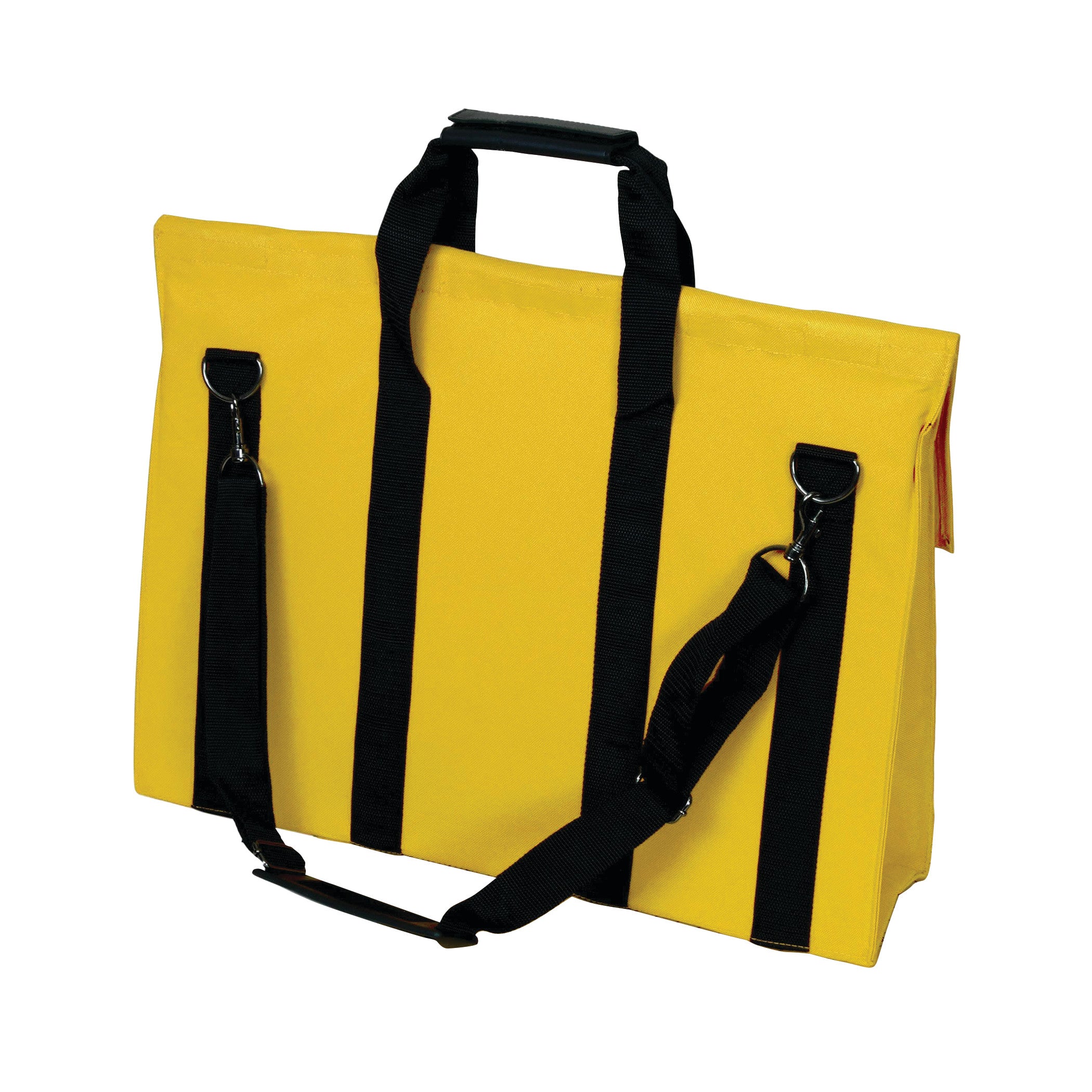 A yellow Expandable X-Port X-Ray Portfolio with black straps, handles, and metal clips for carrying.