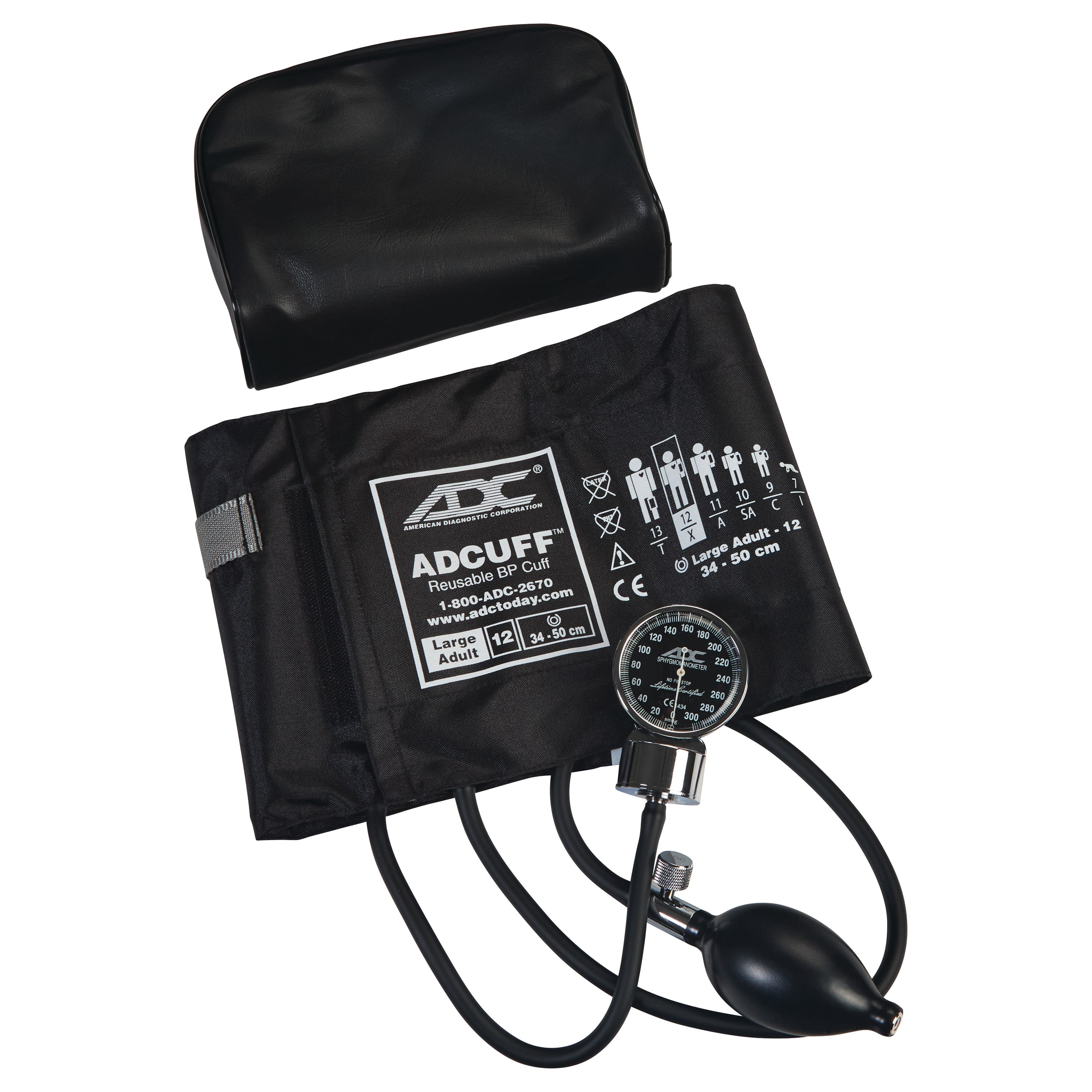 ADC Diagnostix 700 Pocket Aneroid Sphygmomanometer with a black cuff, bulb, gauge, and carrying case for measuring blood pressure.