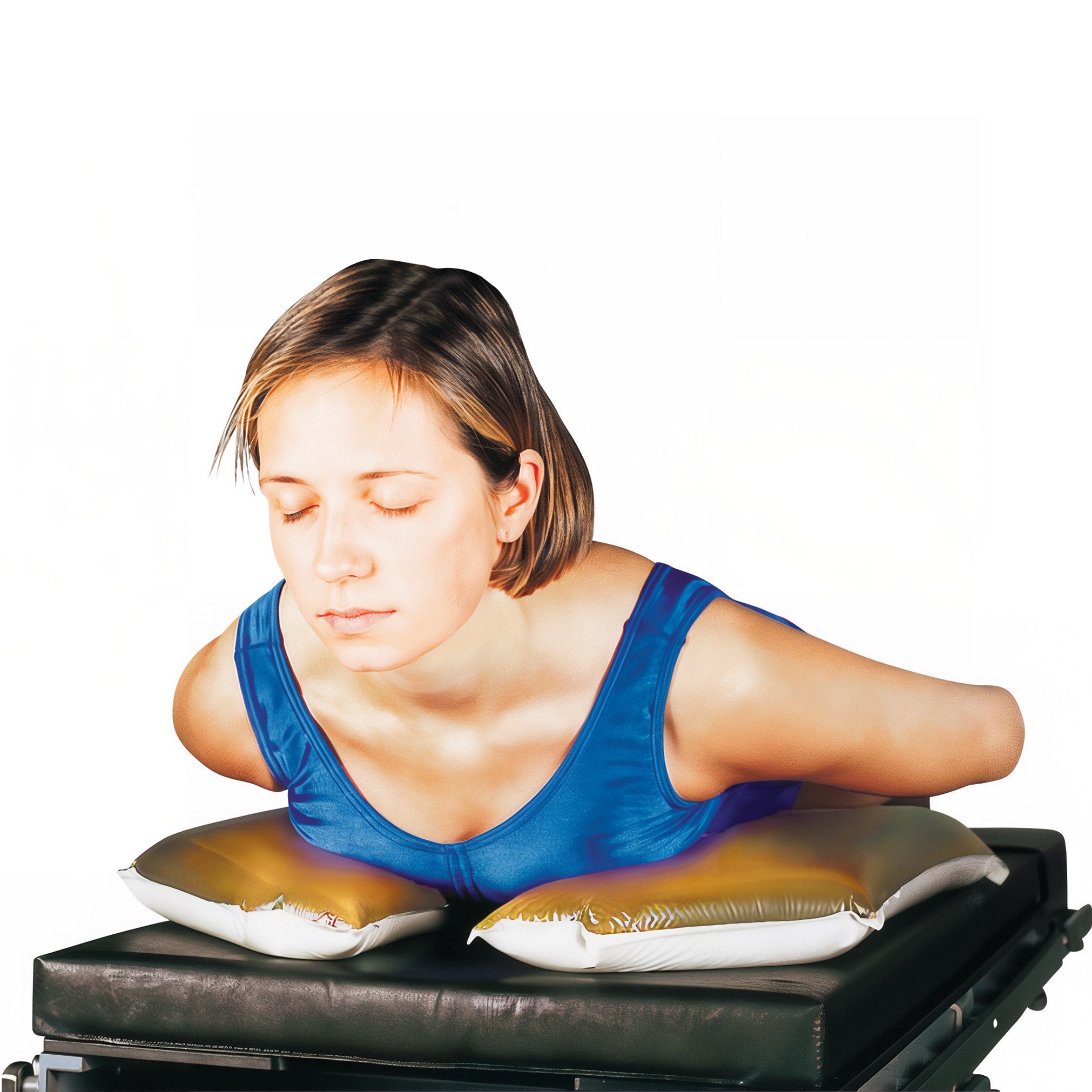 A woman leans on the AliMed AliGel Chest Positioner, a black padded support with two gel cushions, designed for chest positioning.