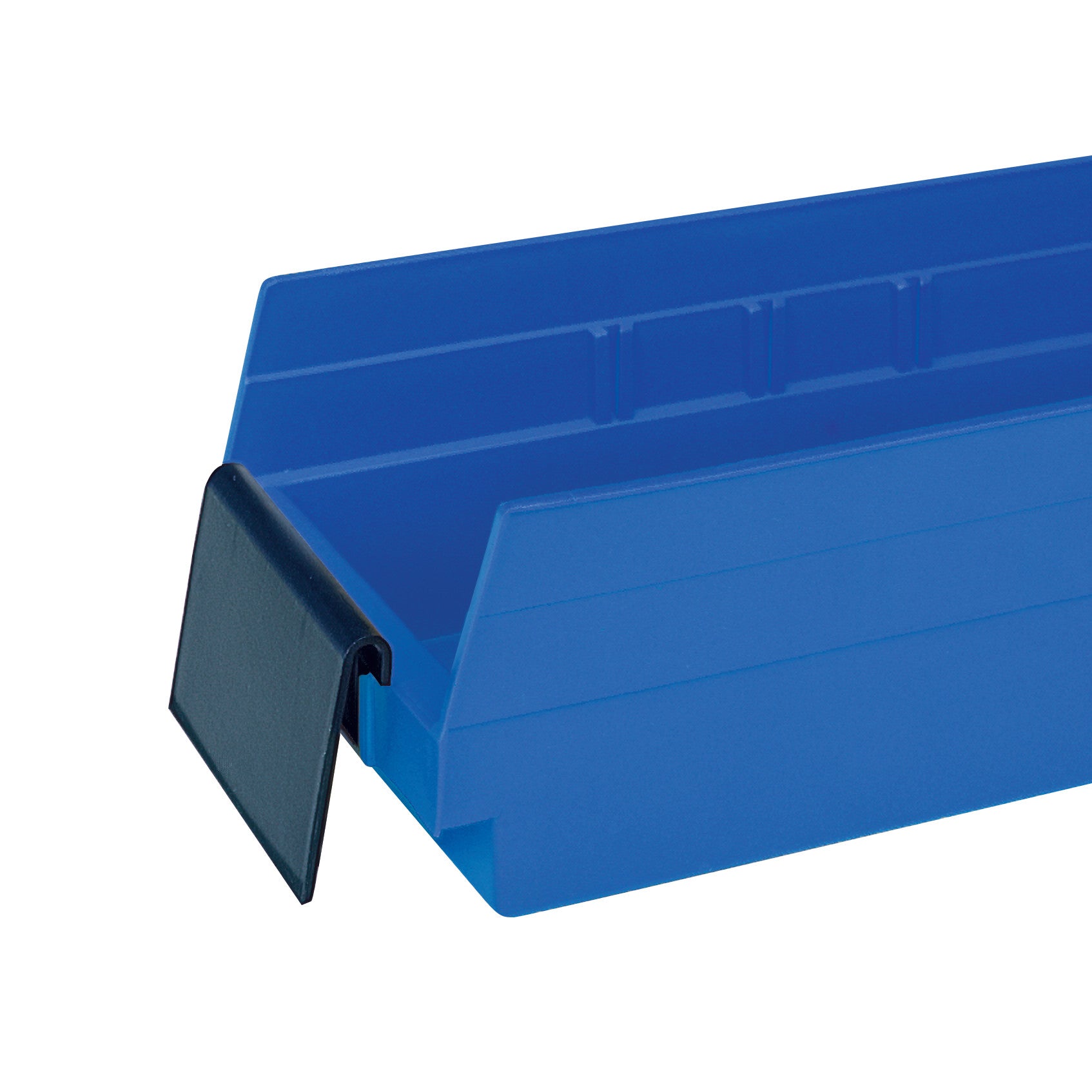 Blue Quantum Economy Shelf Bin with Extended Label Holder for easy identification.