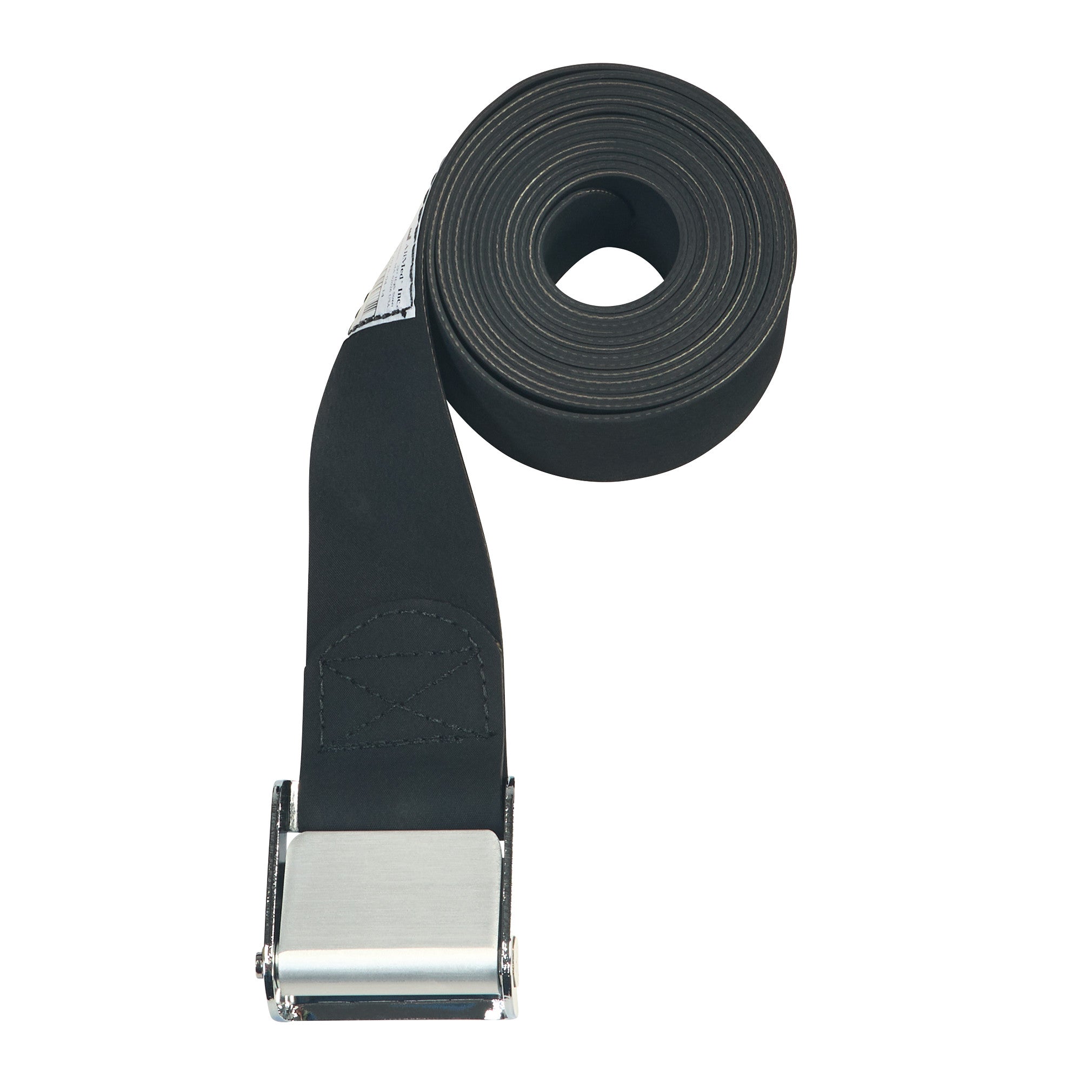 The AliMed Economy Strap, a rolled black safety belt with a metal buckle, is designed for securing patients during medical procedures.