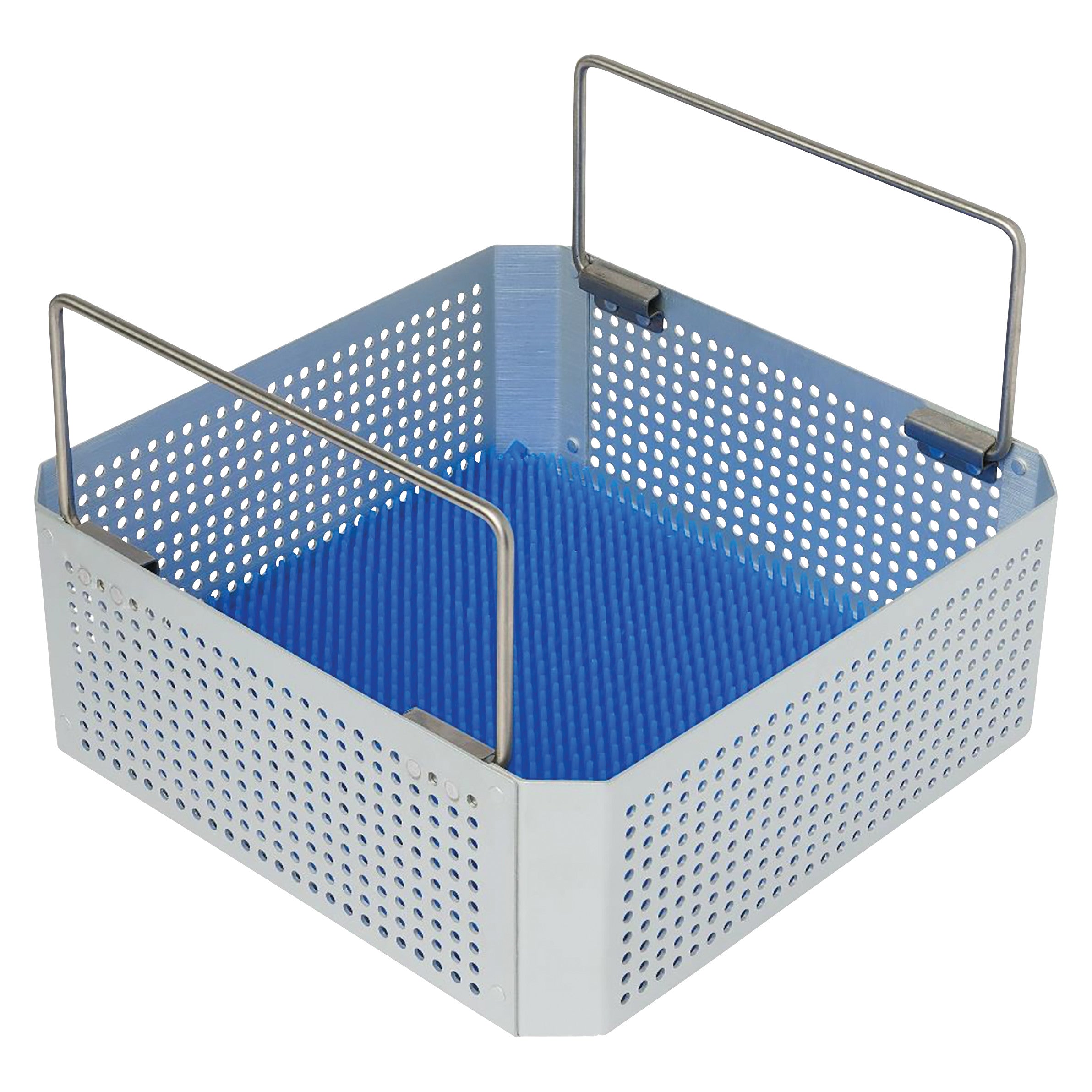 A perforated sterilization basket with metal handles features a blue silicone mat, designed for SteriSet Containers.