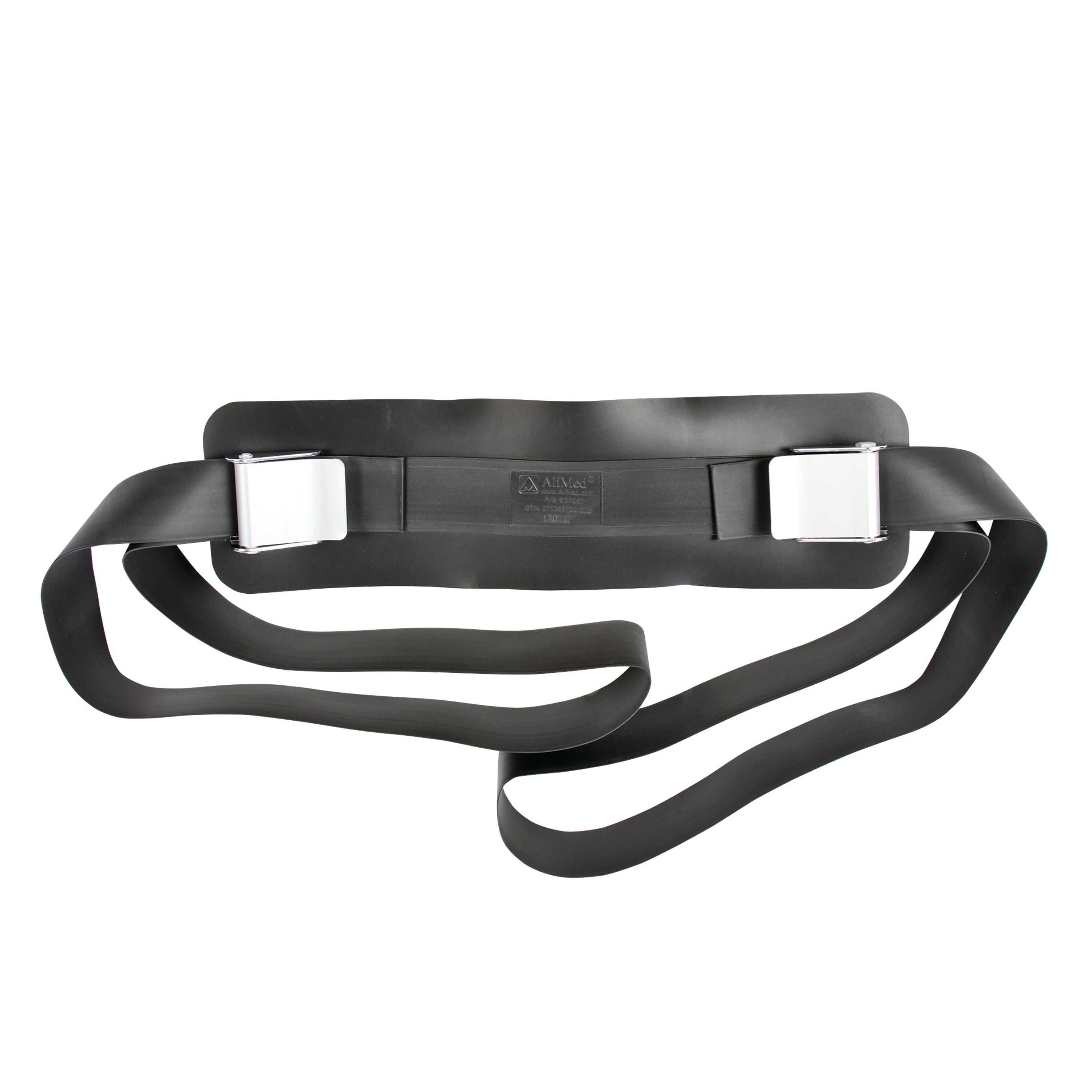 The AliMed VeriClean Operating Room Table Strap with Mid-Panel is shown, featuring a black rubber design and metal buckles.