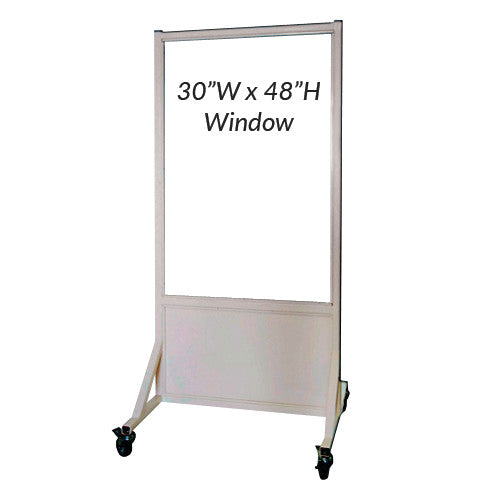 Mobile lead glass barrier on wheels, labeled "30"W x 48"H Window," by Phillips Safety.