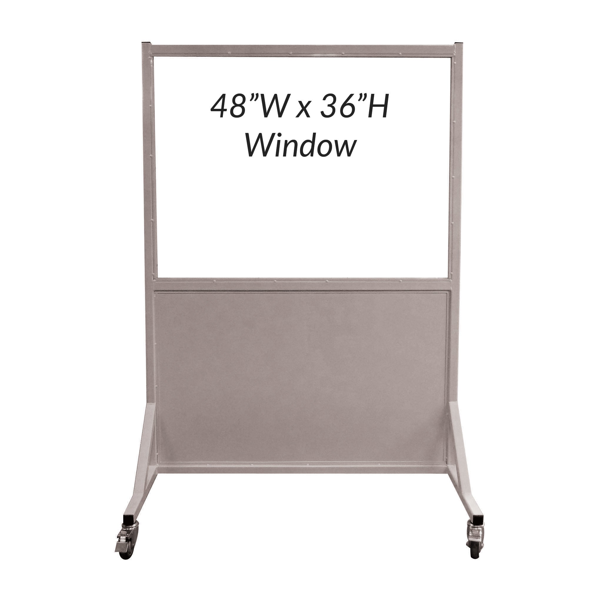 Phillips Safety Mobile Lead Glass Barrier with a 48"W x 36"H window and lower panel, mounted on wheels for easy movement.