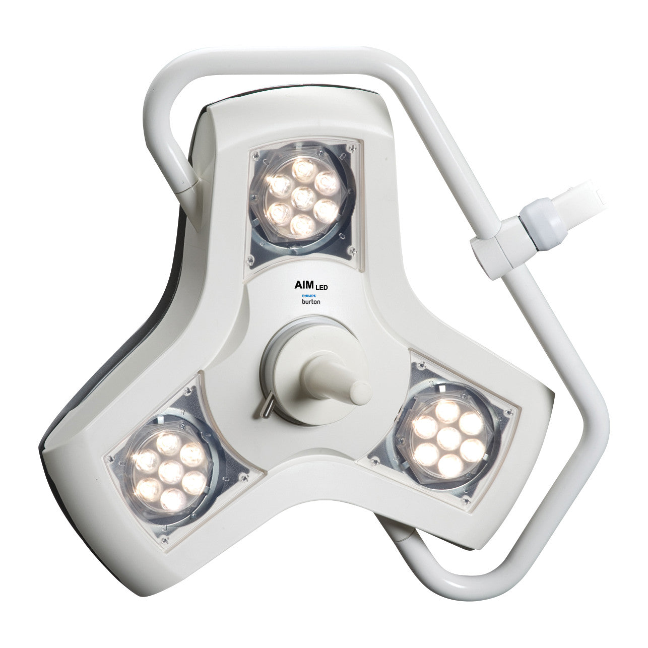 Burton AIM LED Surgical Light with a triangular shape, featuring three clusters of LED bulbs and a white handle for positioning.