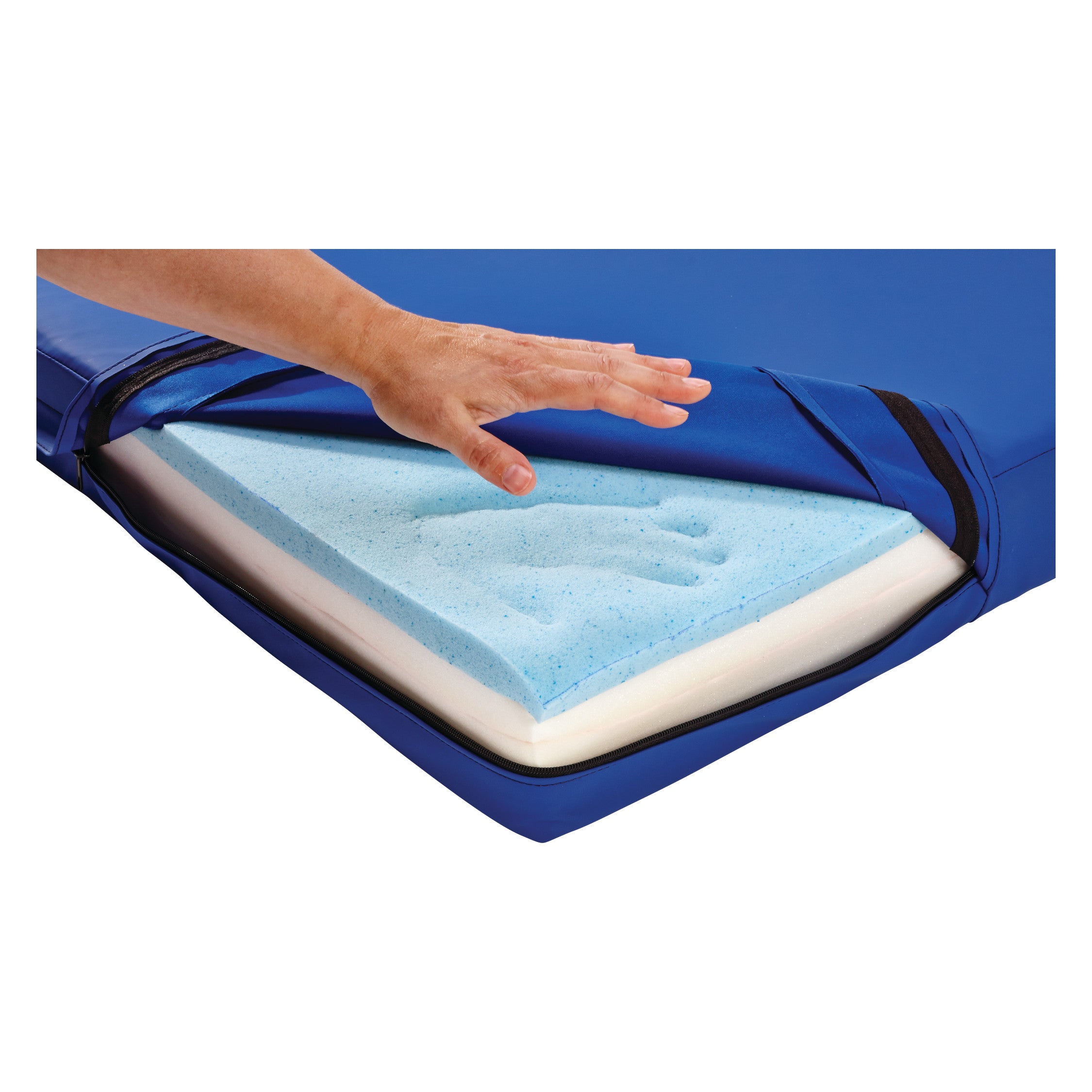 A hand touches the Protekt Ultra Comfort Stretcher Surface, showing blue and white foam layers inside a blue cover with a zipper.