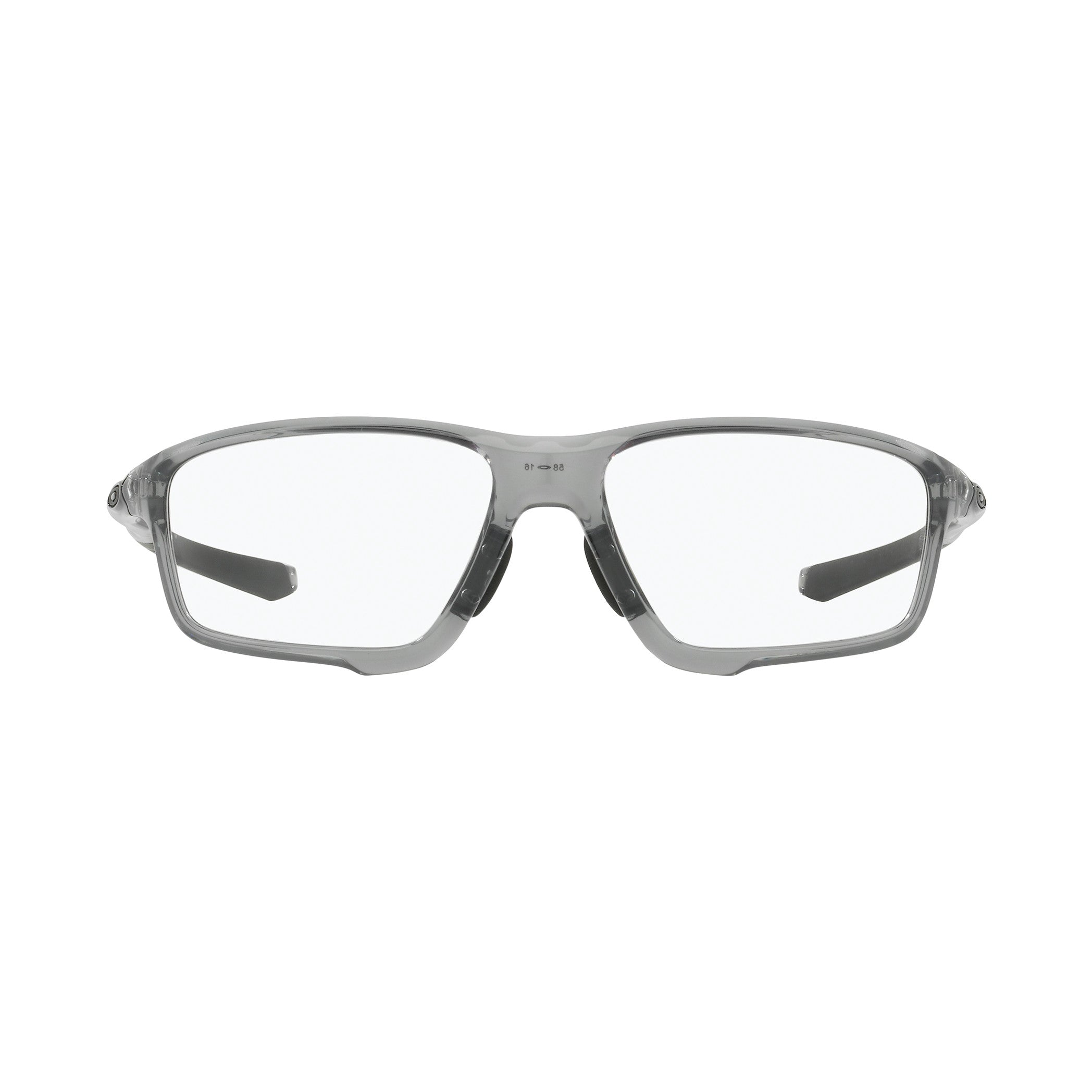 Oakley Crosslink Radiation Protection Eyewear in transparent gray, featuring a wrap-around design with rectangular lenses and black temples.