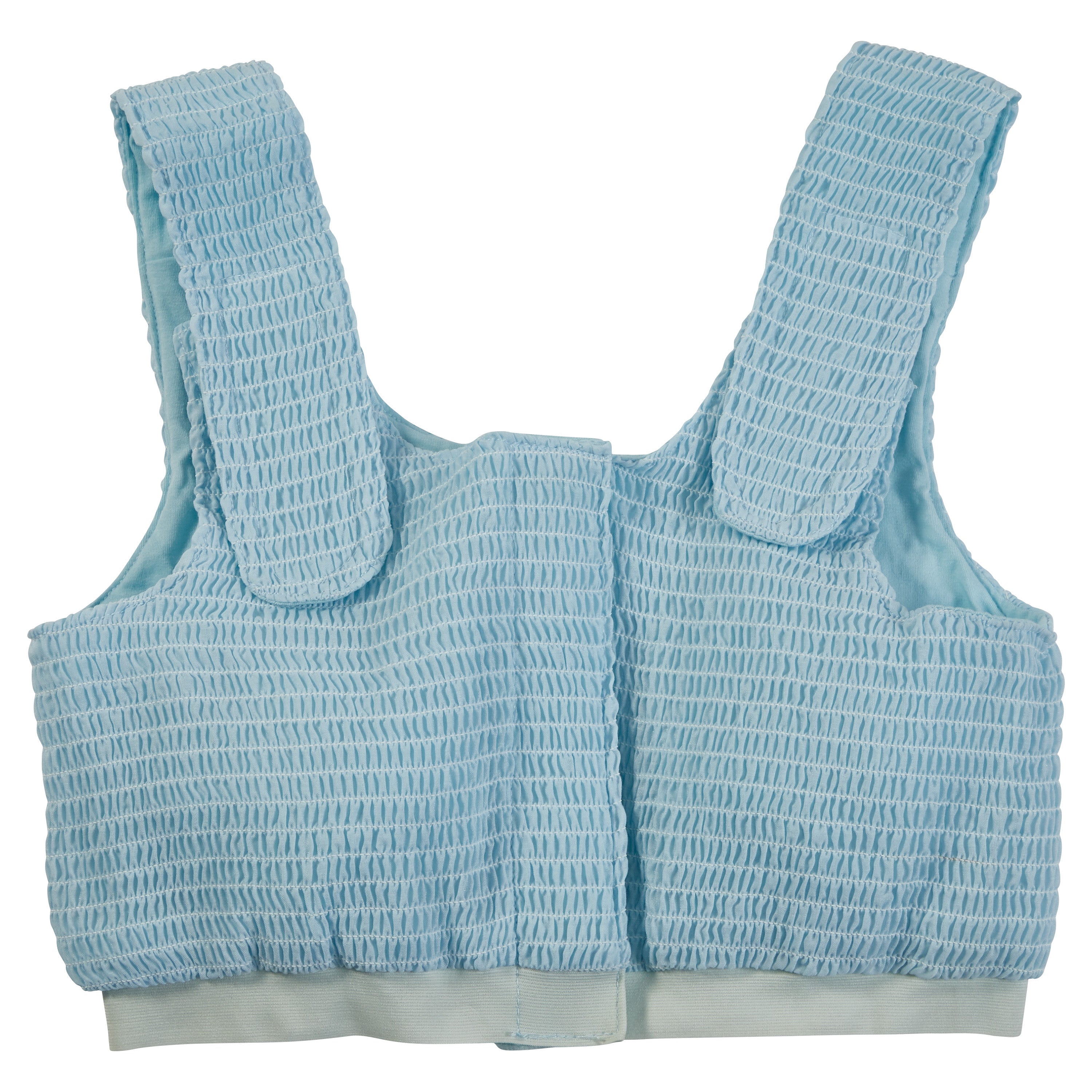 Light blue Expand-A-Band Compression Bra with hook and loop fasteners, featuring textured fabric and wide shoulder straps.