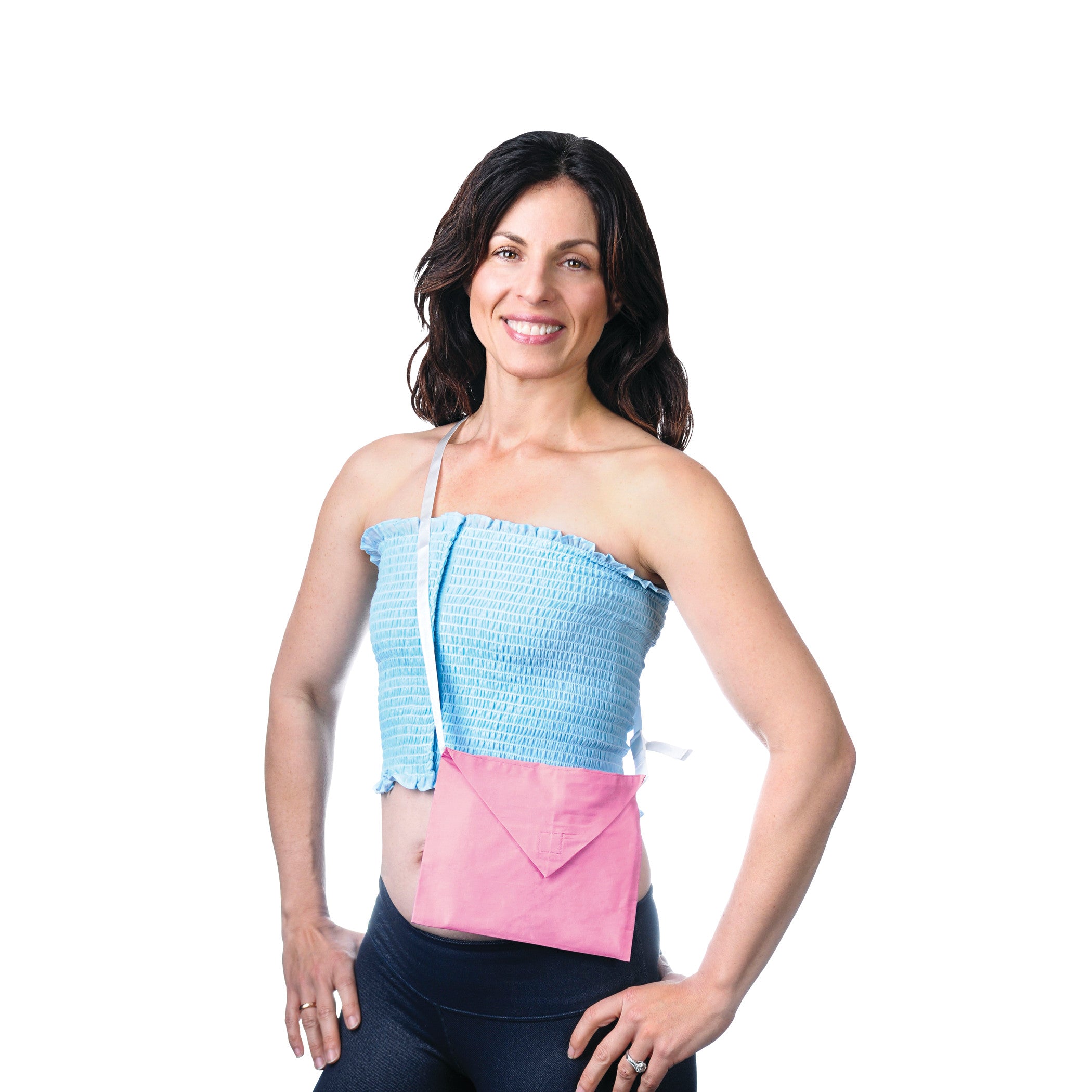 A woman wearing a blue tube top and black leggings models the Expand-A-Band Drain Pouch, a pink envelope-style bag.