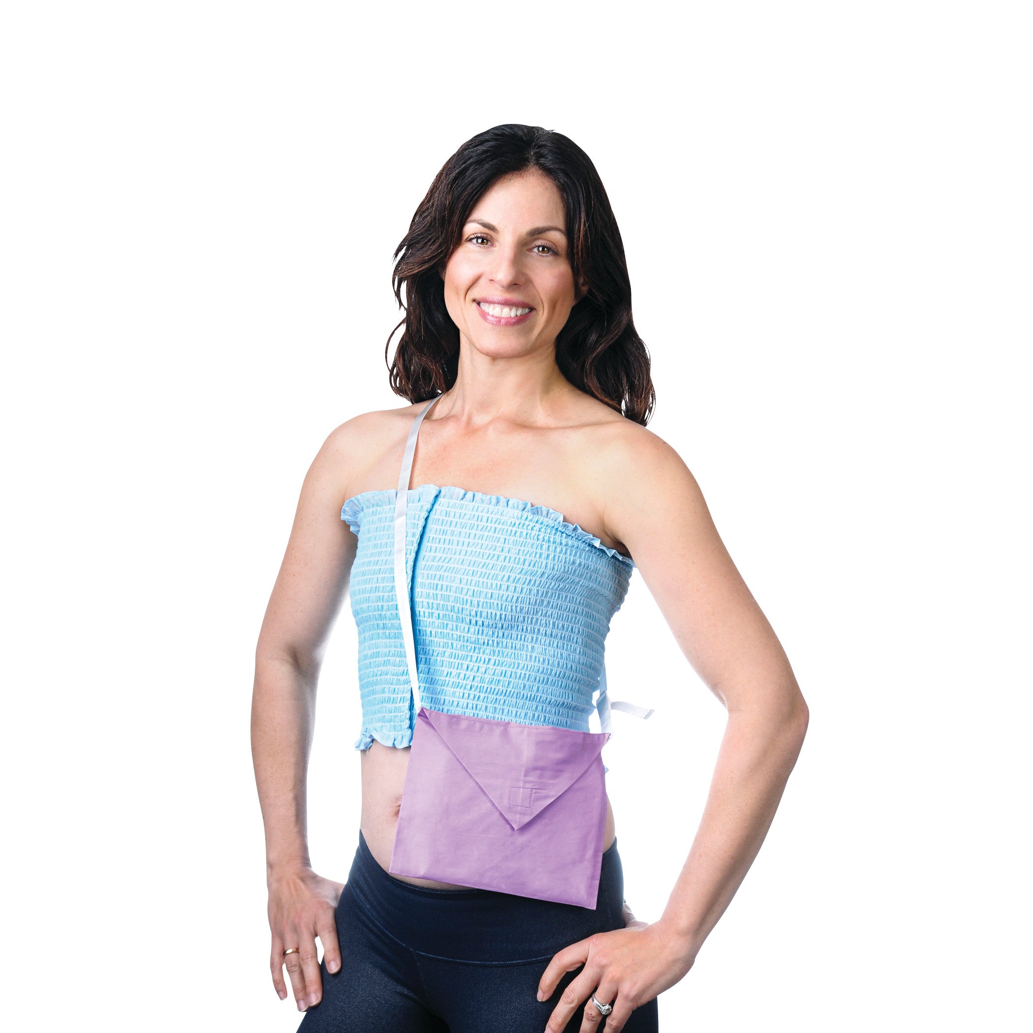 A woman models the Expand-A-Band Drain Pouch, a purple bag worn crossbody, paired with a blue strapless top and black pants.