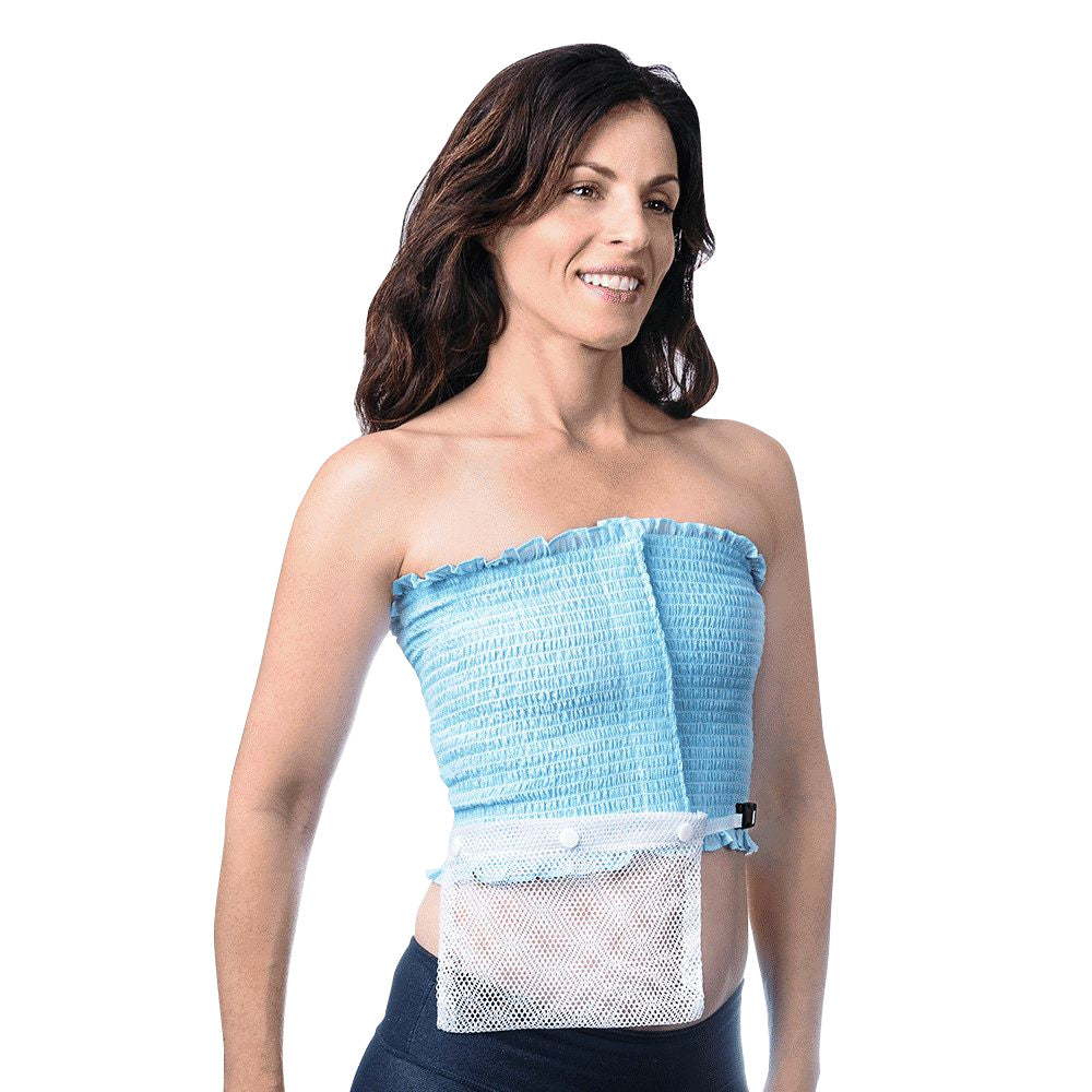 A woman wears an Expand-A-Band Drain Pouch over a blue elastic bandeau. The mesh pouch is attached to the garment's bottom.