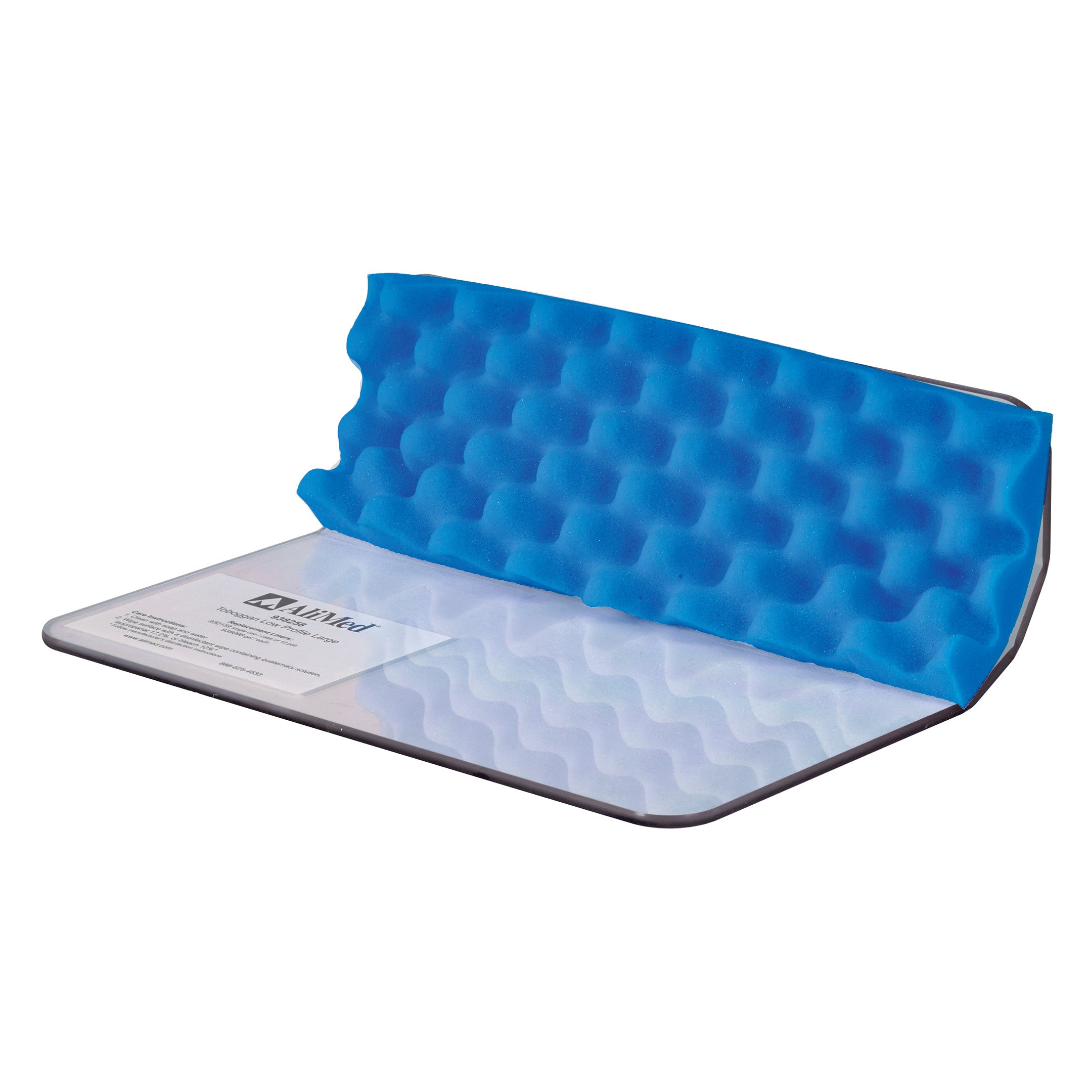 The image features the AliMed Low-Profile Toboggan and Single-Use Liner Kit with a blue wave-patterned liner on a flat surface.