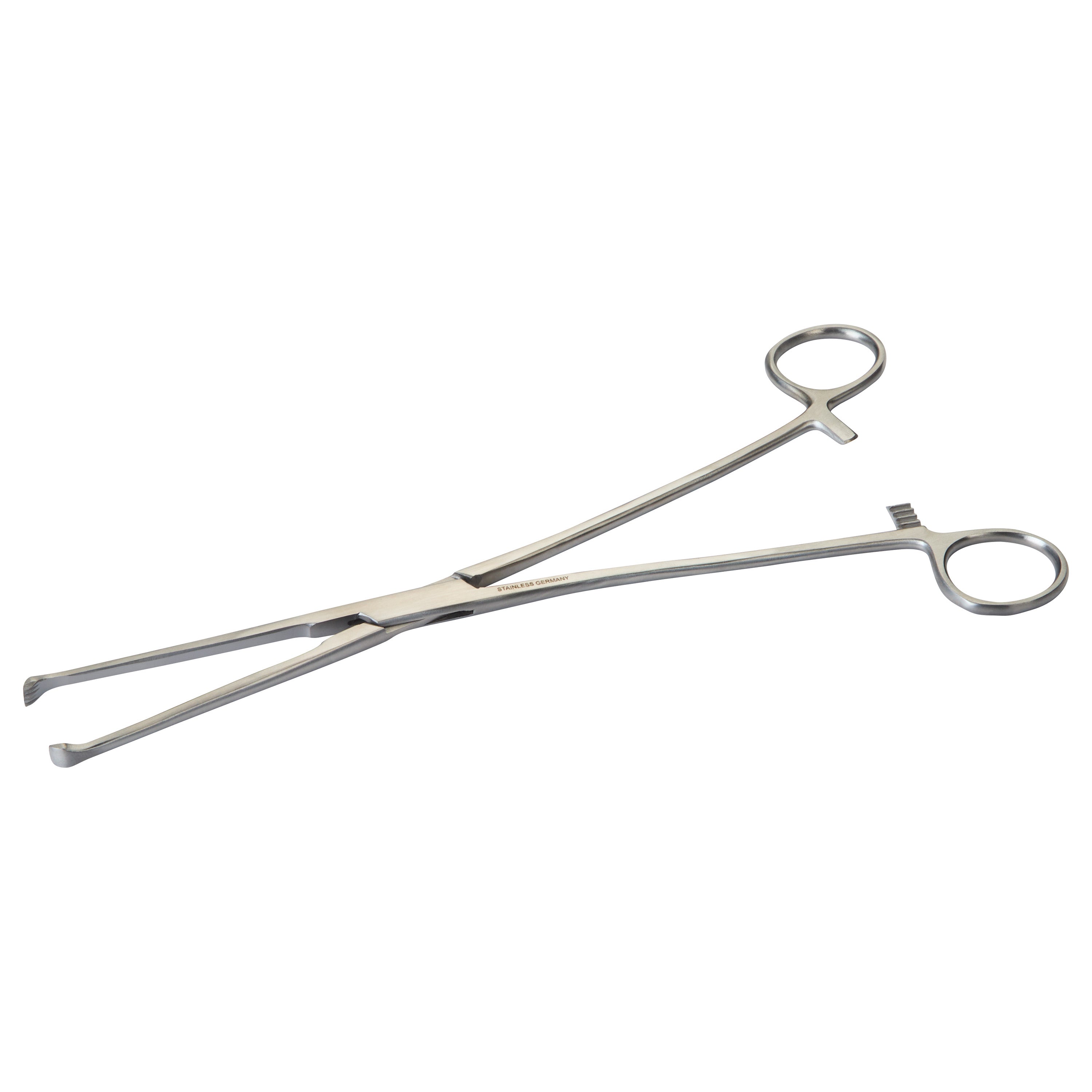 Allis Tissue Forceps made of stainless steel with curved ends and finger rings, designed for grasping and holding tissues during surgery.