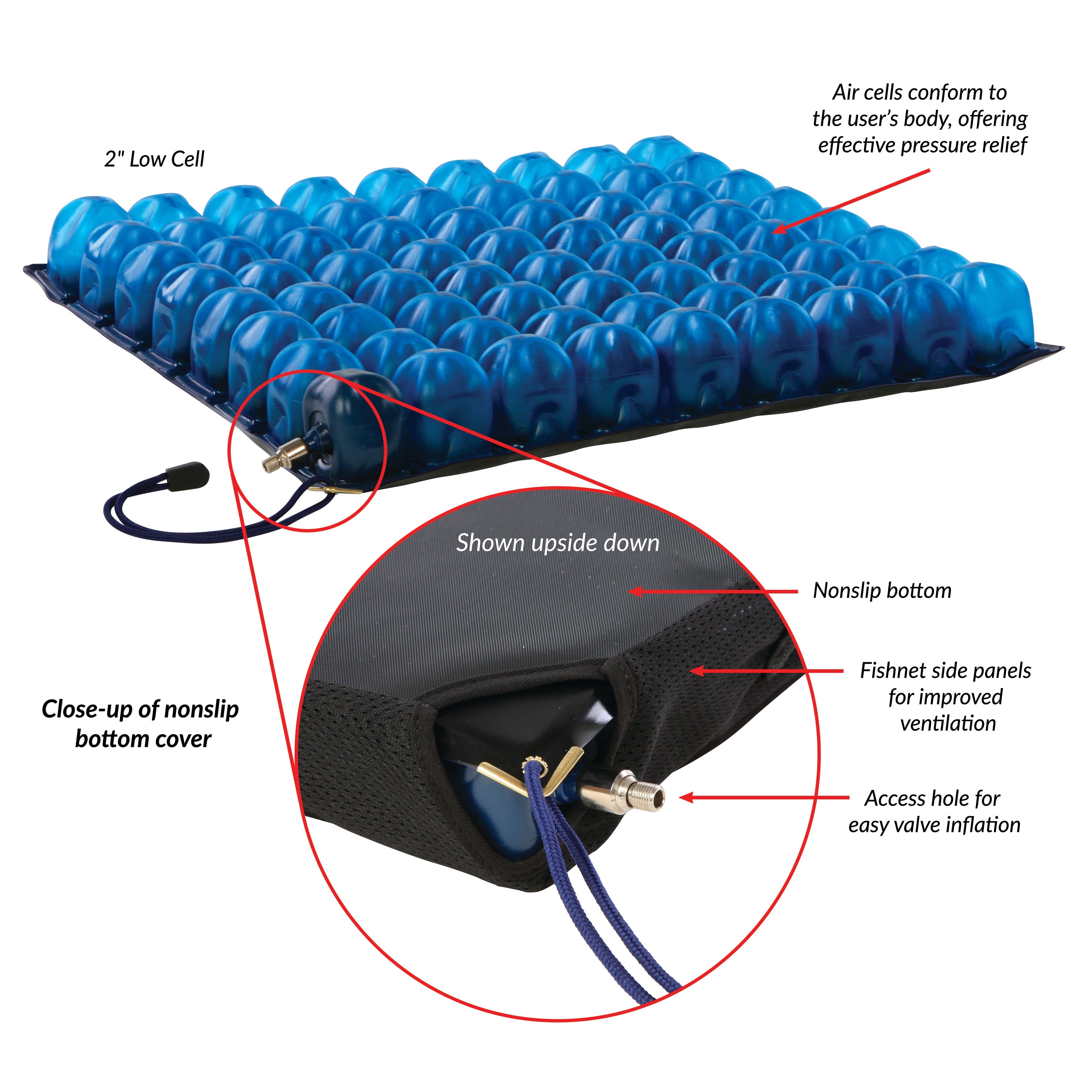 The AeroCell Wheelchair Cushion has blue air cells, a nonslip bottom, and ventilation panels.