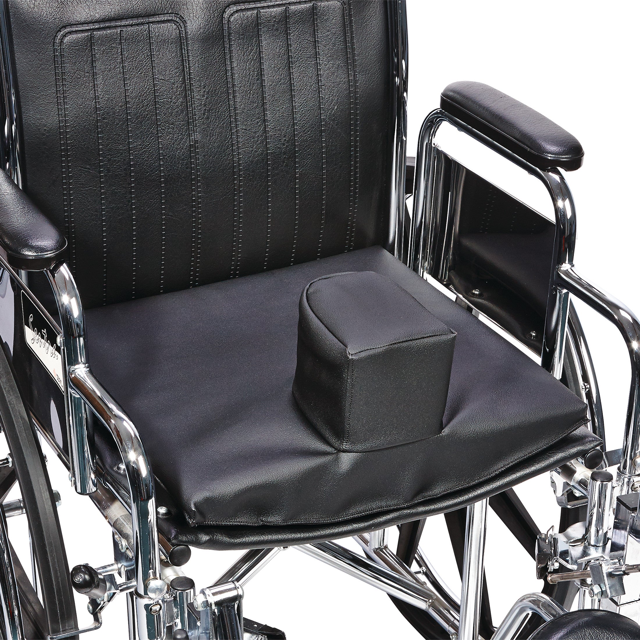 A wheelchair with a black seat cushion featuring the AliMed Solid Seat Insert with Pommel for support and stability.