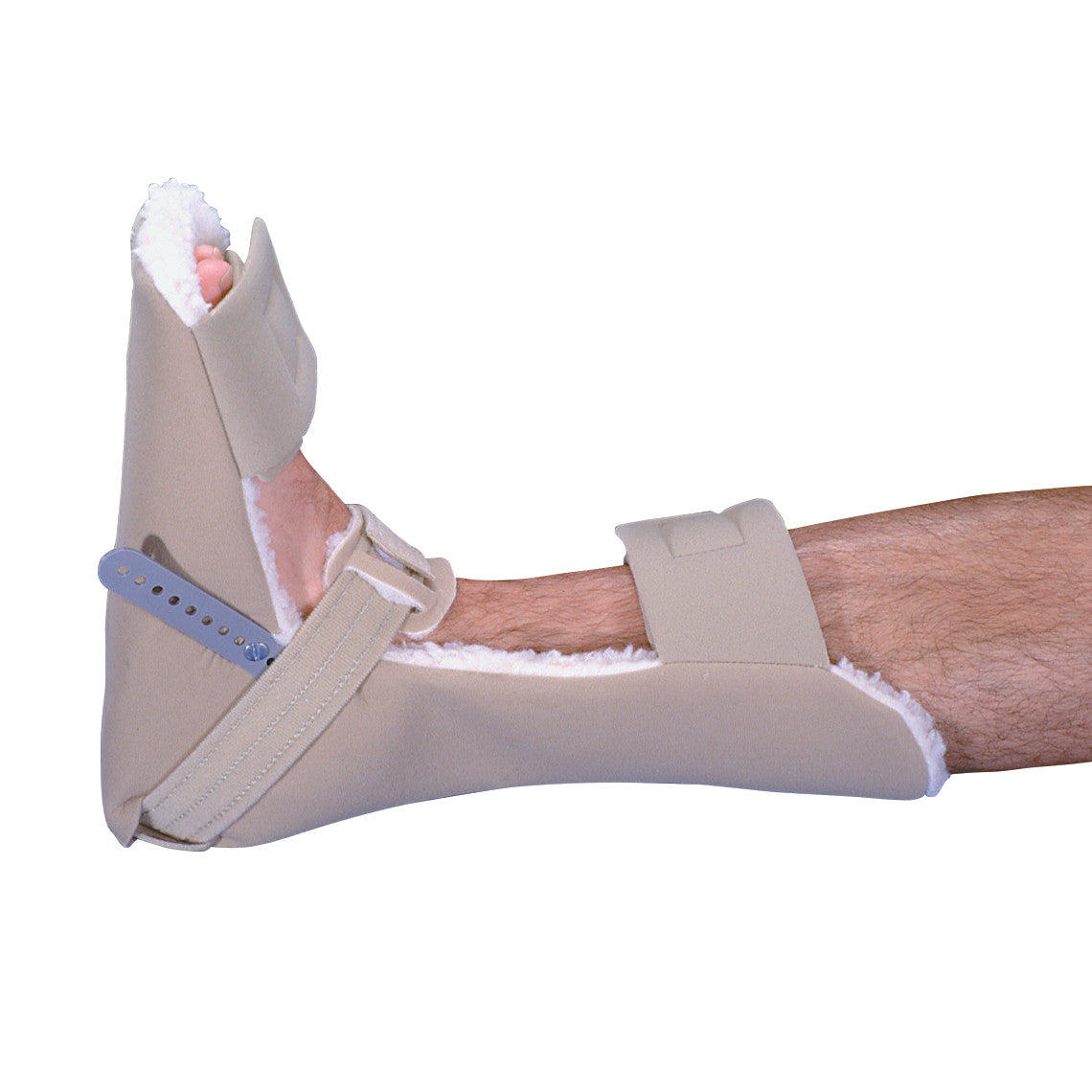 A leg is fitted with an AliMed Progressive Ankle Contracture Splint, featuring a soft interior and adjustable straps for support.