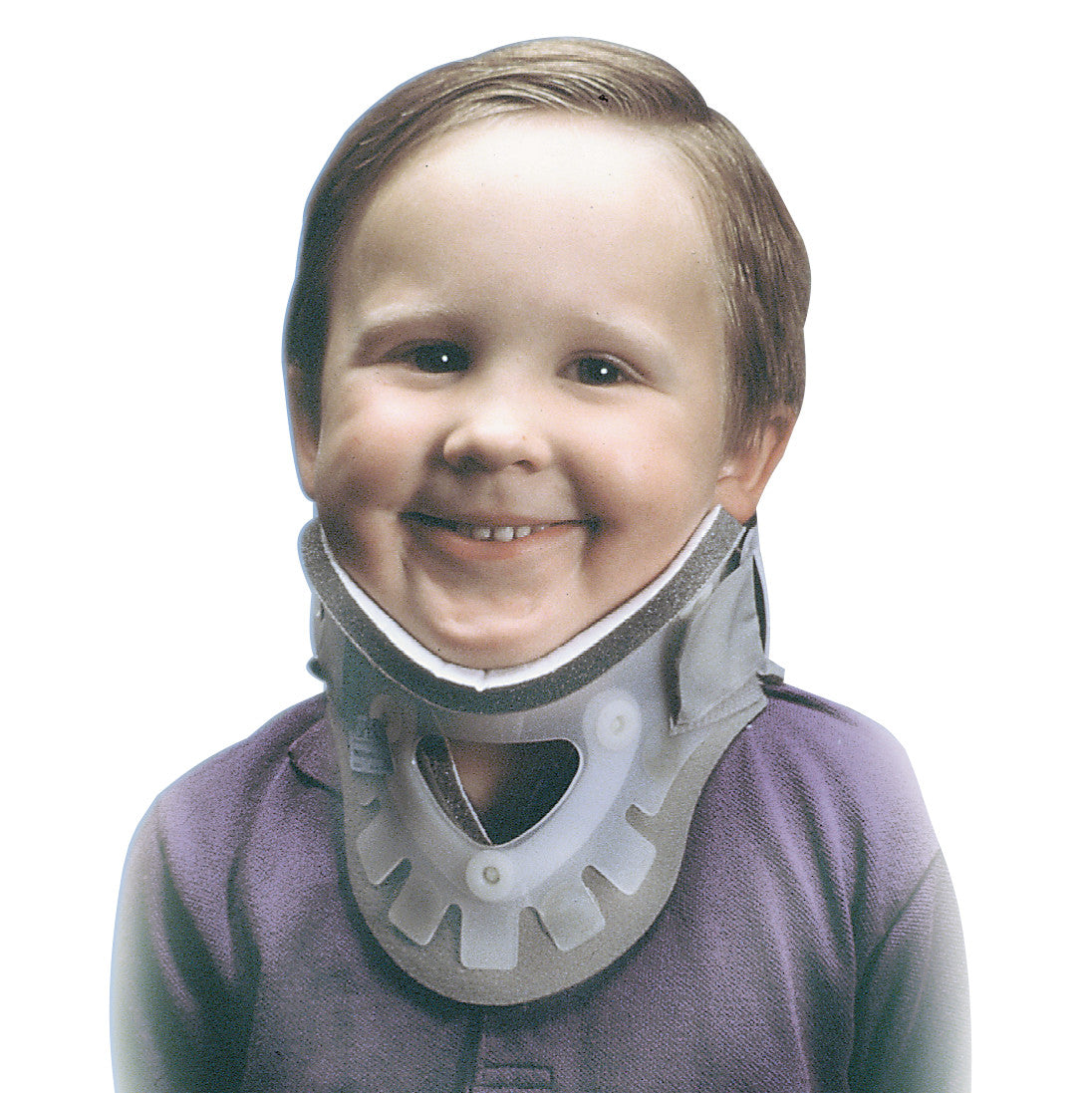 A child smiles while wearing an Aspen Cervical Collar, a gray neck brace, over a purple shirt against a white background.