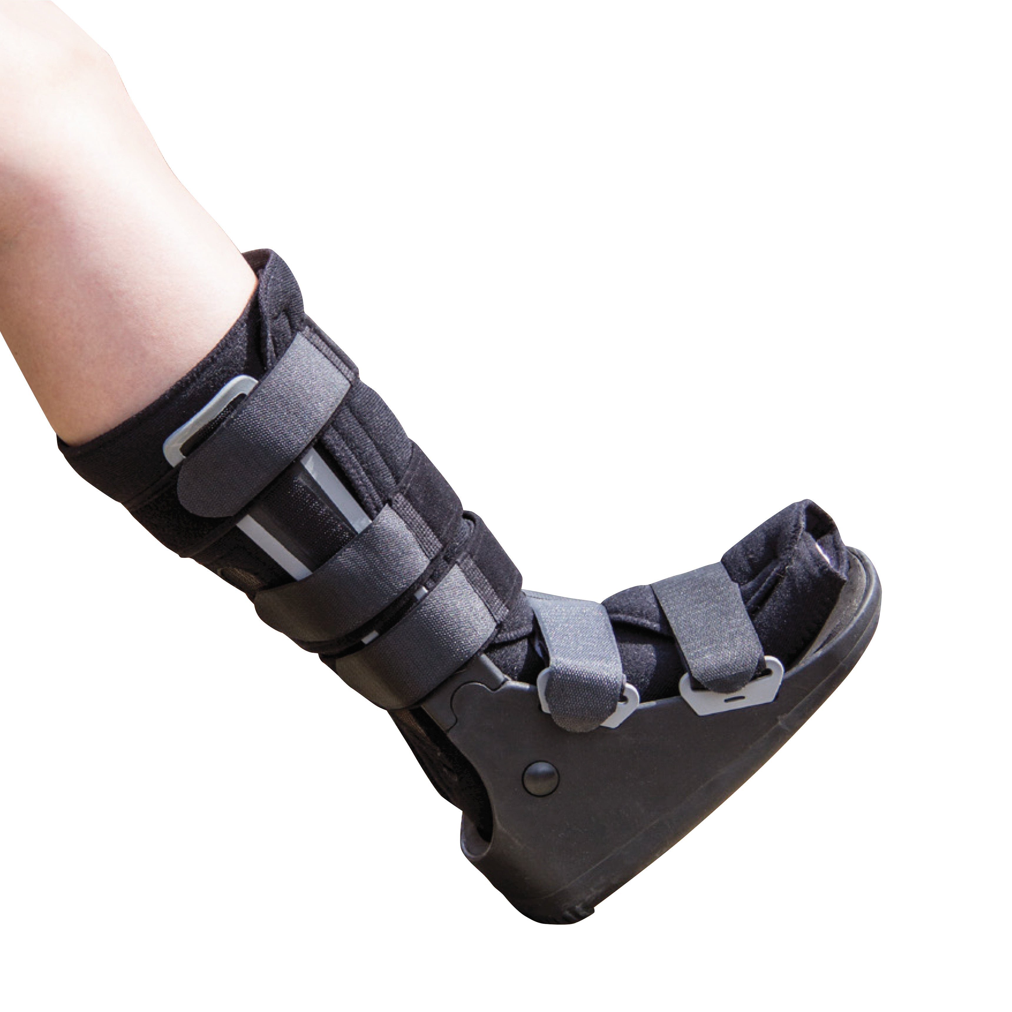 A leg in a black DARCO FX Pro High Walker boot with adjustable straps, designed for foot and ankle injury support.