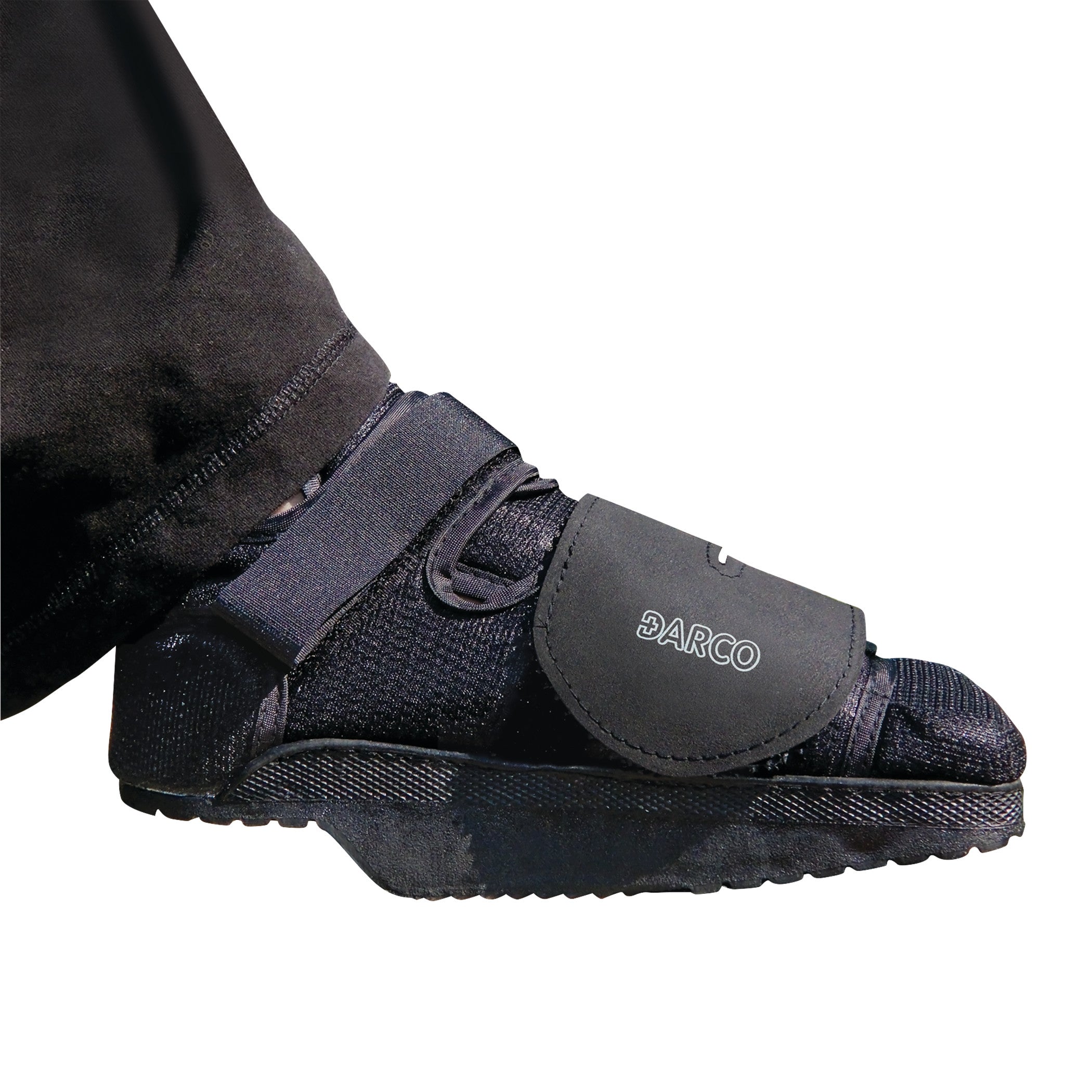 A DARCO HeelWedge Healing Shoe, shown from the side, with a wedge design and adjustable straps for foot support and protection.