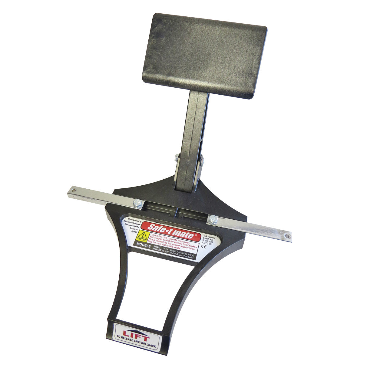 Safe-t mate Anti-Rollback System with a rectangular padded support and adjustable metal bar, used for wheelchair safety.