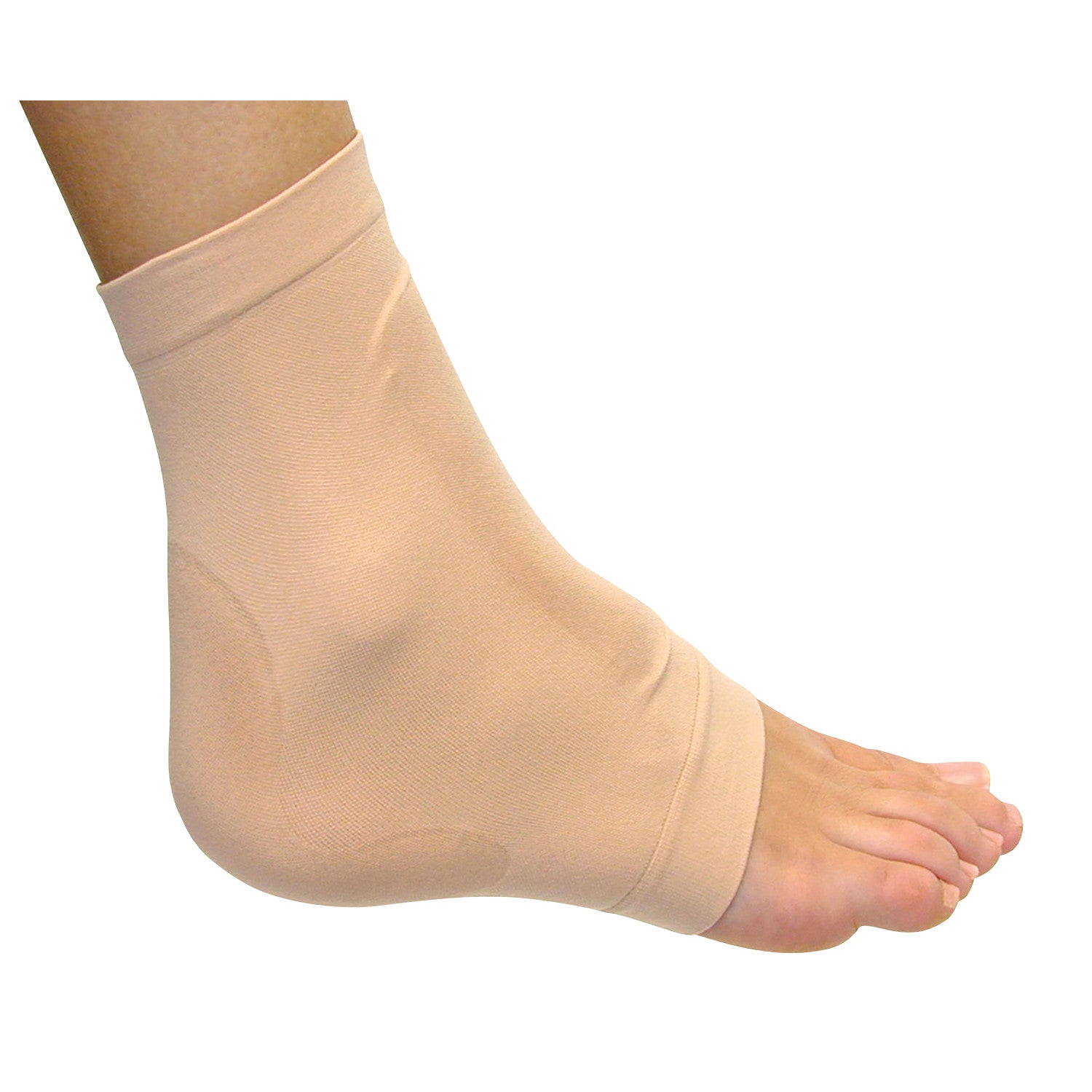 A foot wearing a PediFix Visco-GEL Achilles/Dorsum Protection Sleeve, providing support and cushioning to the Achilles area.