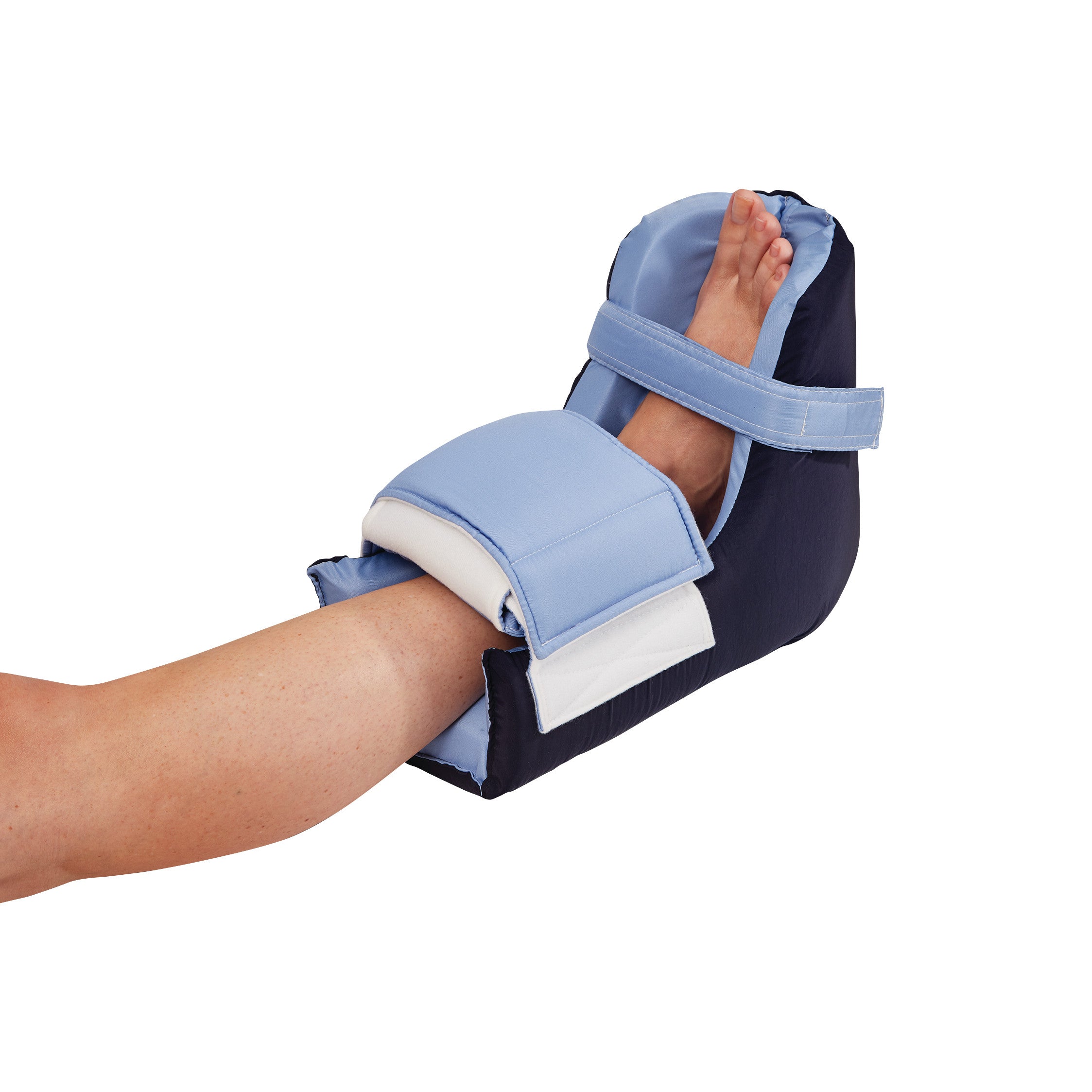 A leg wearing an AliMed Heel-Up Foot Positioner. The device is blue with padding and straps, keeping the foot elevated and secure.