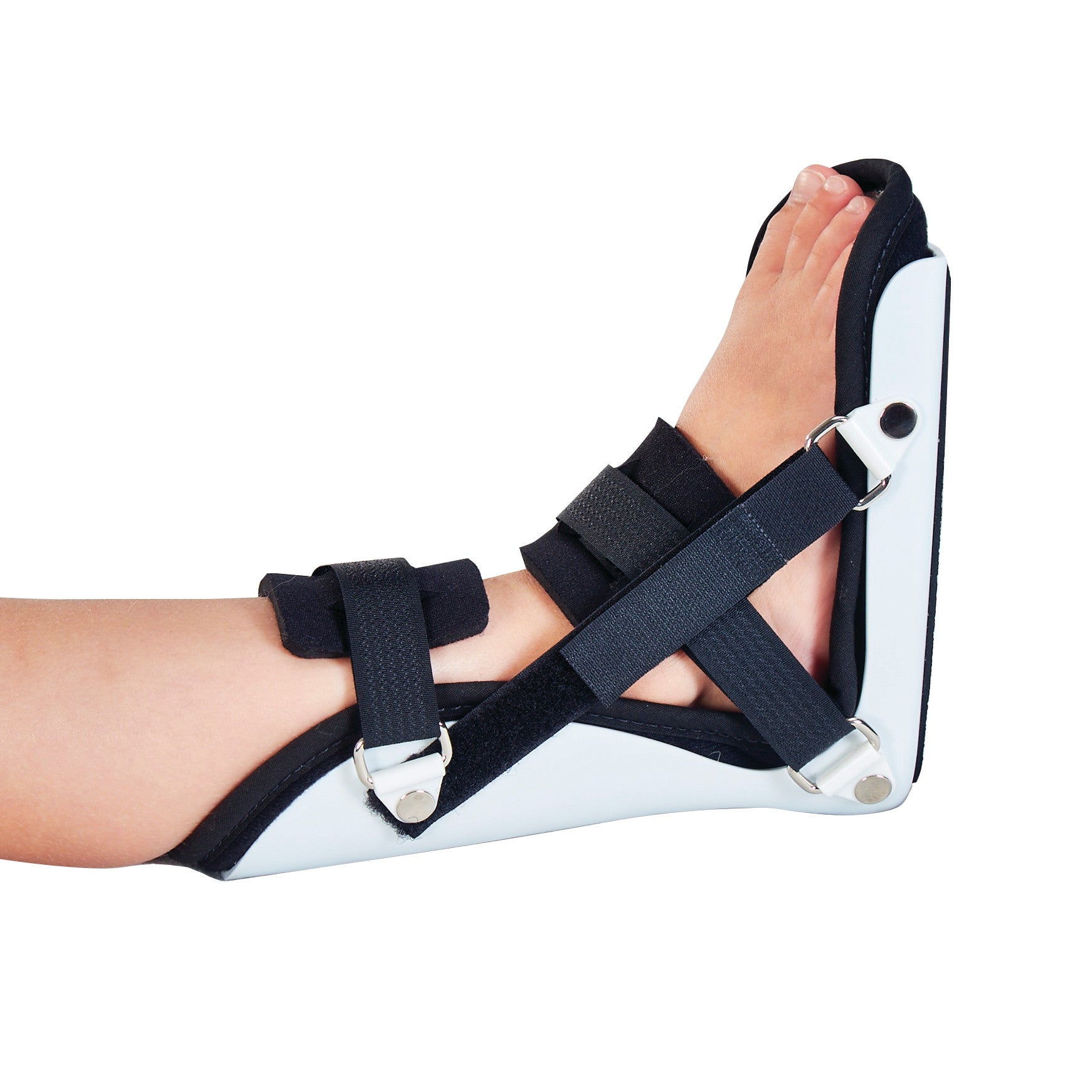 A child's foot is wearing the AliMed Classic Pediatric Night Splint, featuring a white frame with black straps for support.