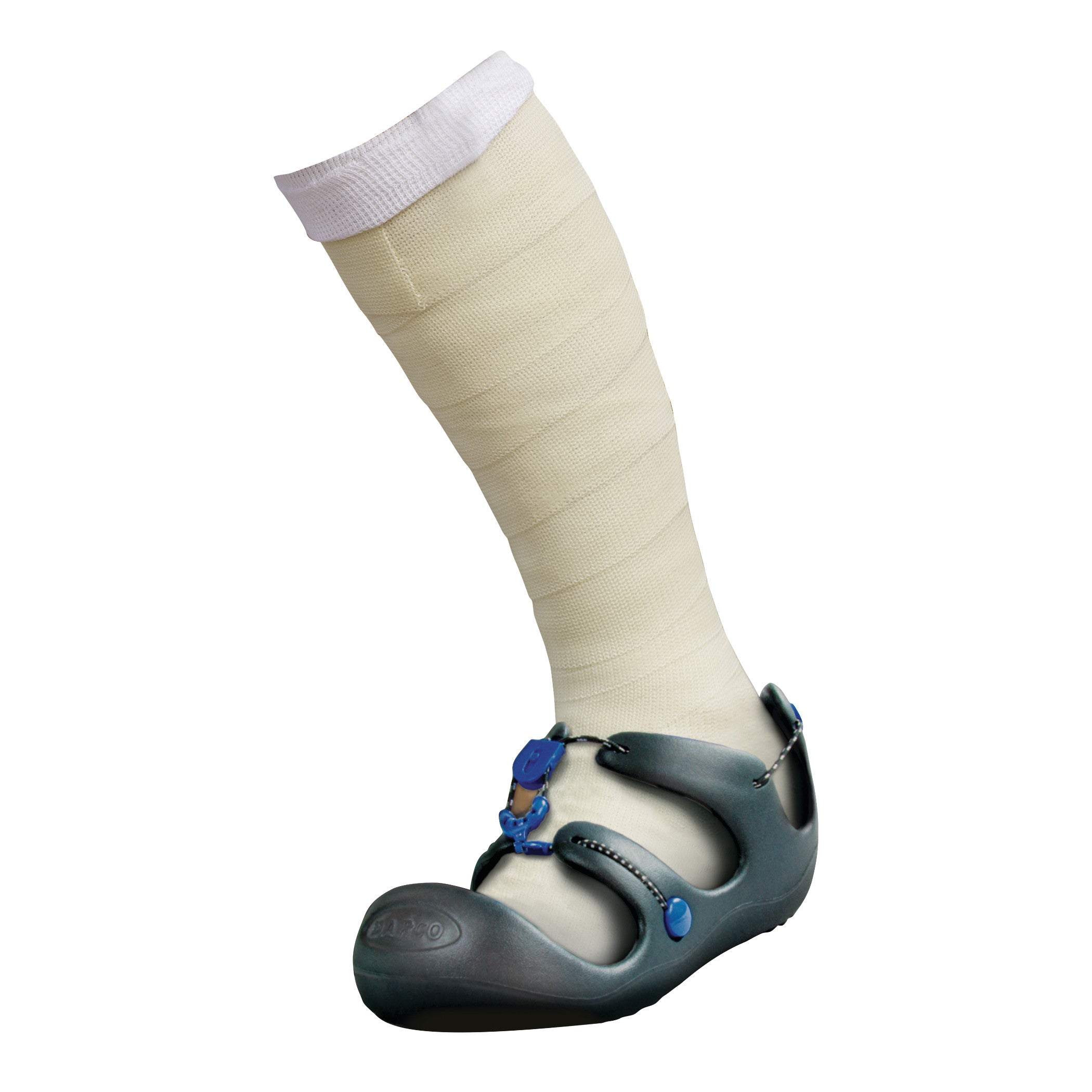 A fitted DARCO Body Armor Cast Shoe with strap fastenings covers a bandaged leg and foot, showing a medical support device.