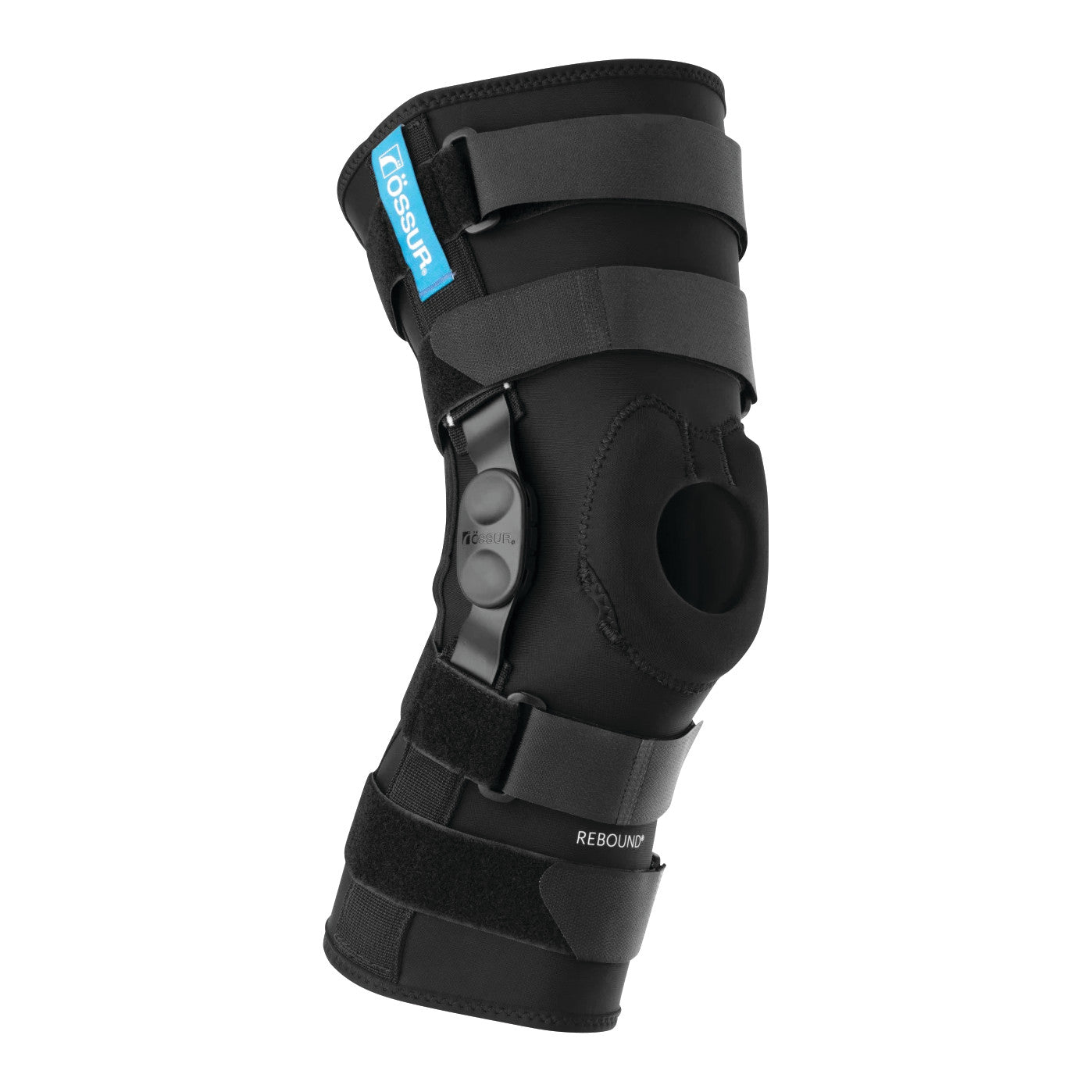 Ossur Rebound ROM Knee Brace with Long Sleeve featuring adjustable straps and hinge for support, with an open patella design.