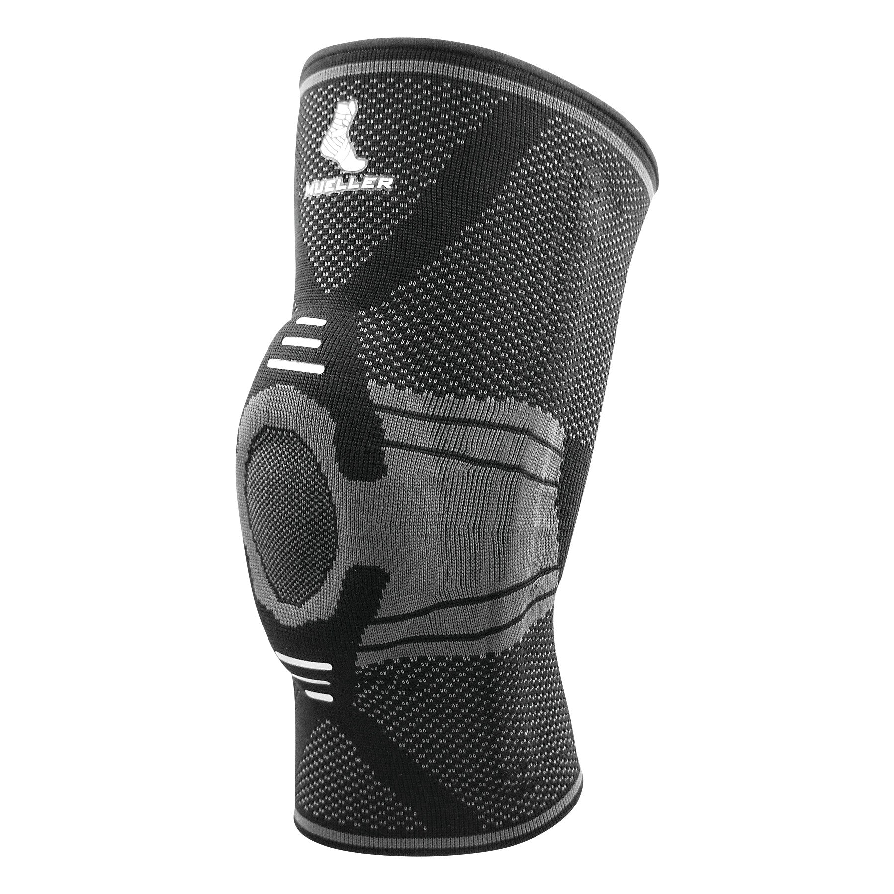 The Mueller Omniforce Knee Stabilizer is a black and gray elastic knee sleeve designed for support with a circular weave pattern.