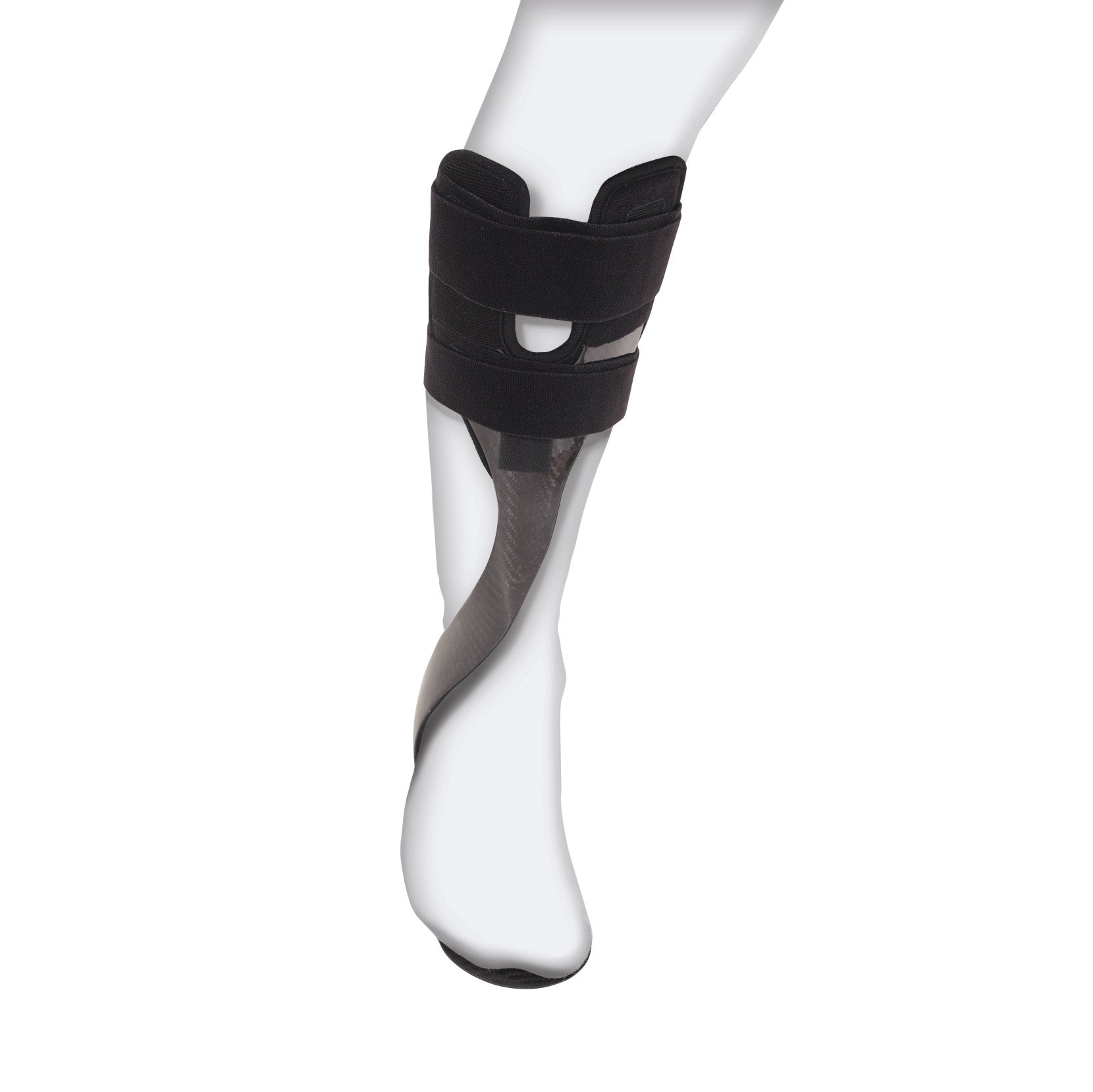 A leg wearing the AliMed Carbon Fiber Anterior Lateral Strut with Tibial Relief brace, featuring black straps and a sleek design.