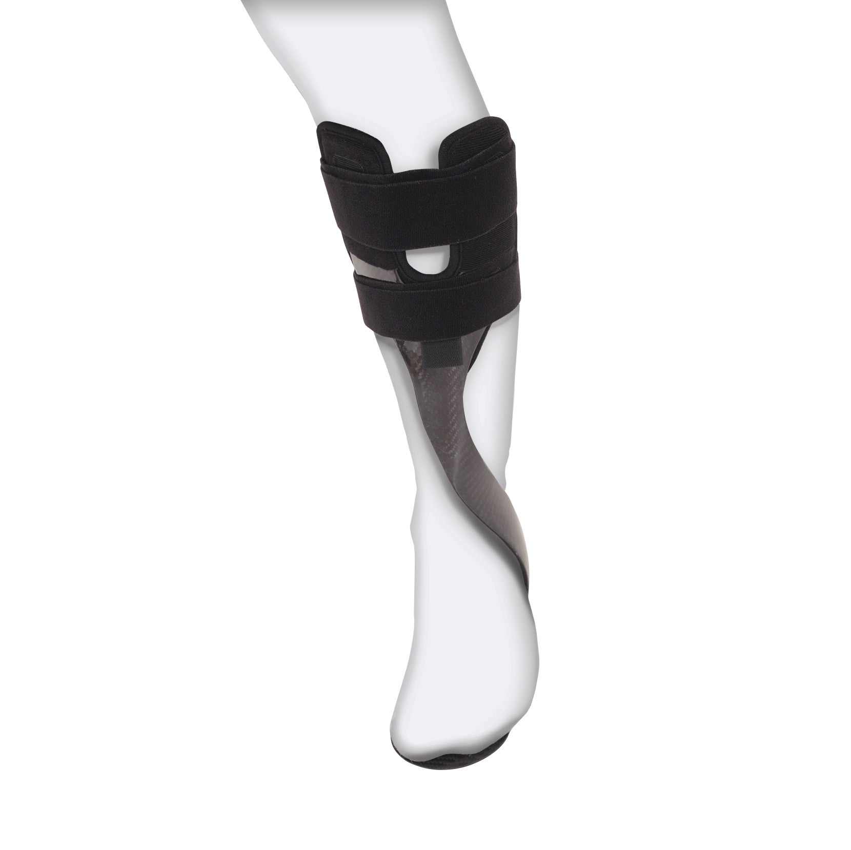 AliMed Carbon Fiber Anterior Lateral Strut with Tibial Relief is shown on a person's leg with black straps for support.