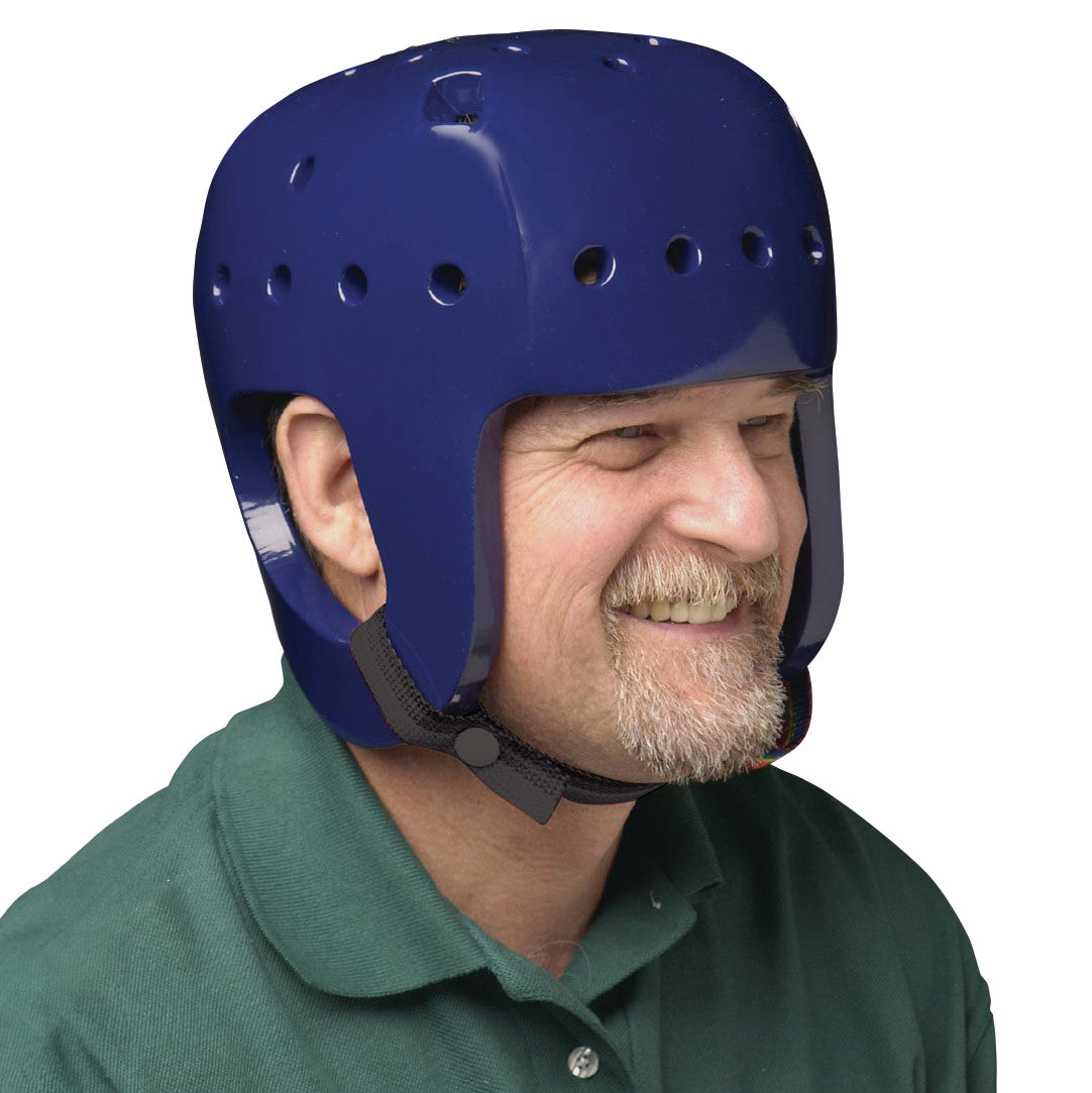 Man wearing a blue Danmar Products Full-Coverage Helmet with ventilation holes and a chin strap.