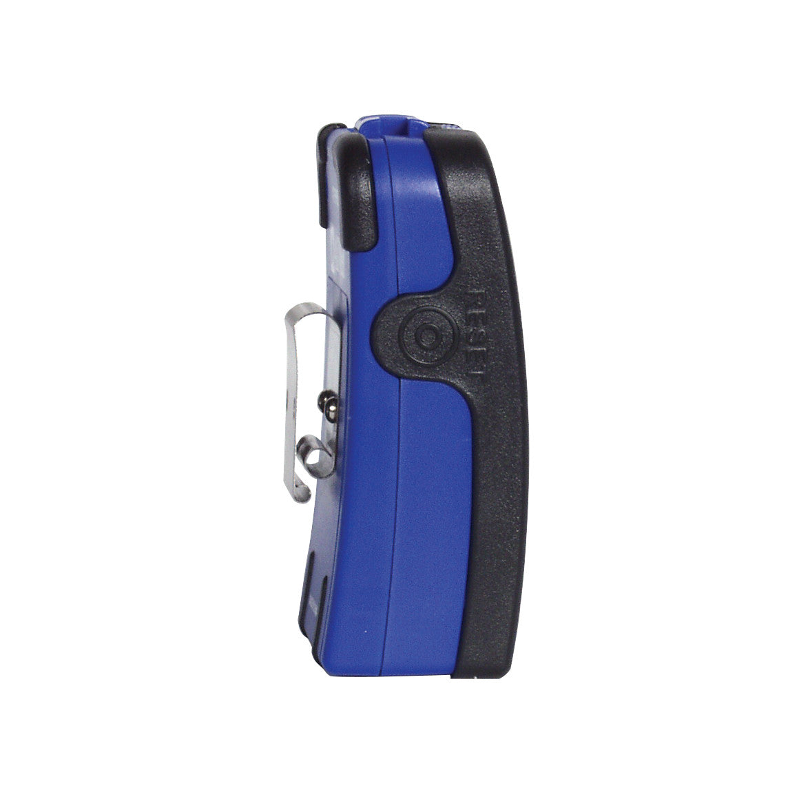 Side view of the AliMed IQ Sensor Alarm, featuring a blue and black casing with a belt clip on the side.