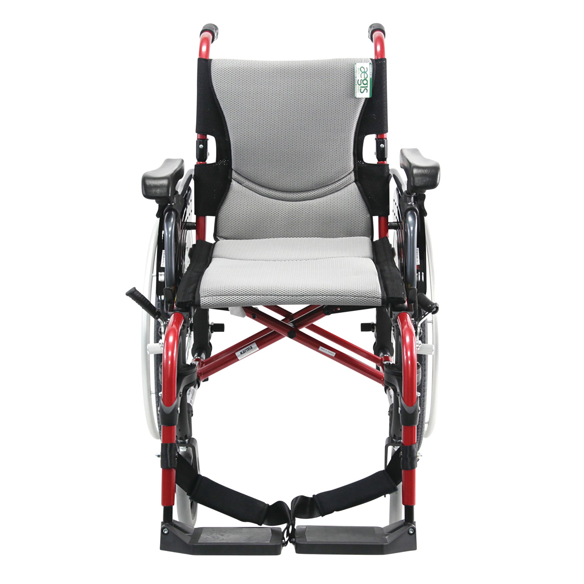 Karman Ultra Lightweight Manual Wheelchair with a red frame, gray seat, and black footrests, viewed from the front.