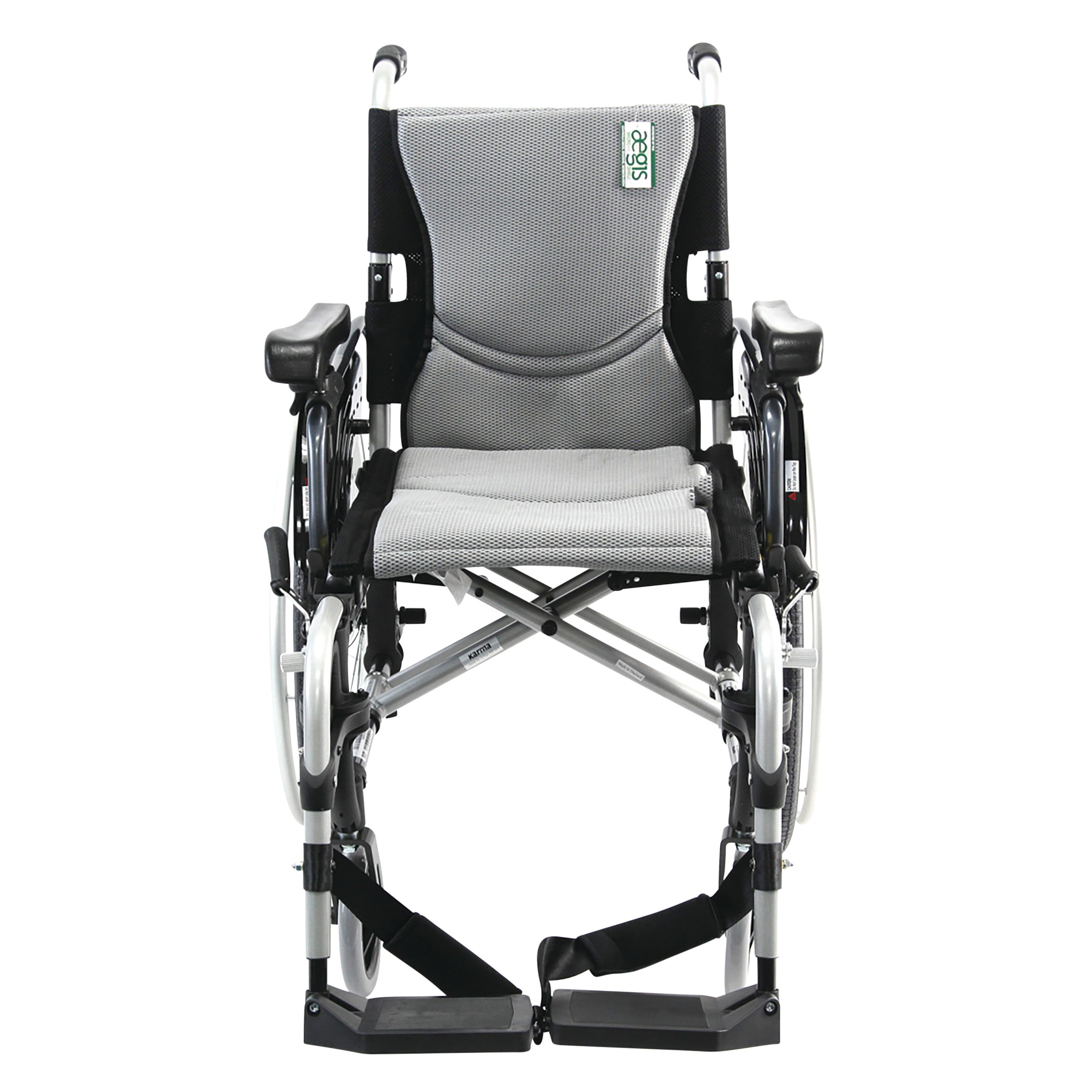 The Karman Ultra Lightweight Manual Wheelchair features a gray seat, black armrests, and footrests, designed for ease of mobility.