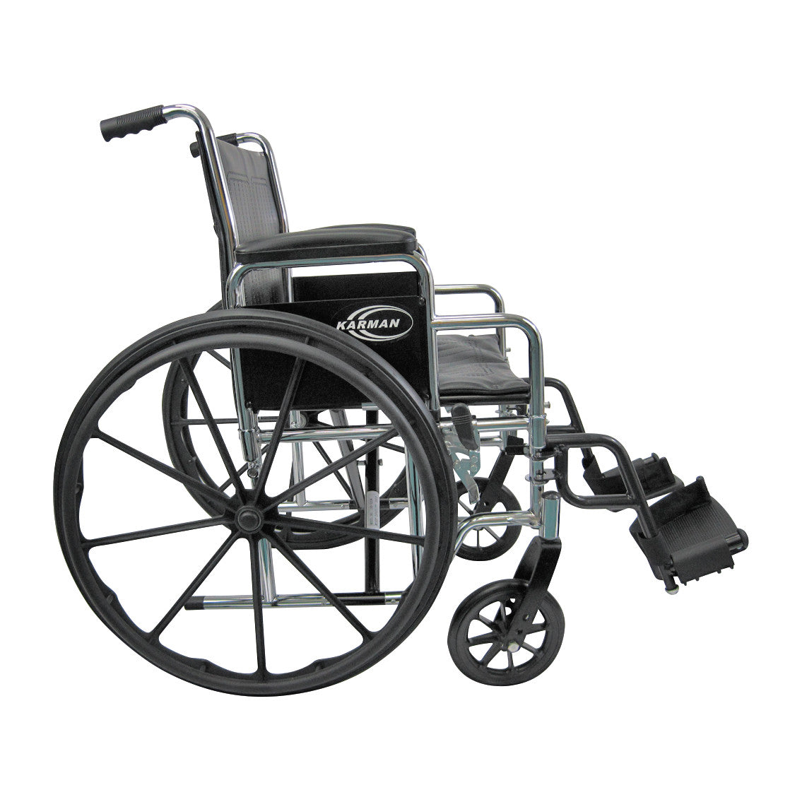 Side view of a Karman Bariatric Wheelchair featuring a black seat, large rear wheels, and small front casters.