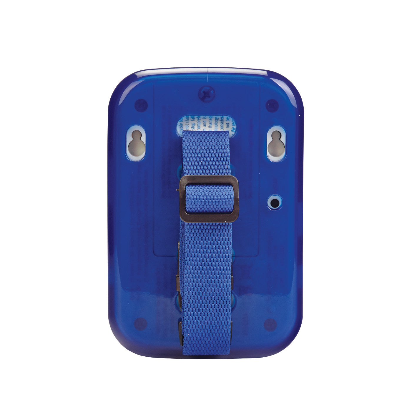 The AliMed IQ CordLess Sensor Alarm features a blue plastic casing with a blue strap on the back for mounting.